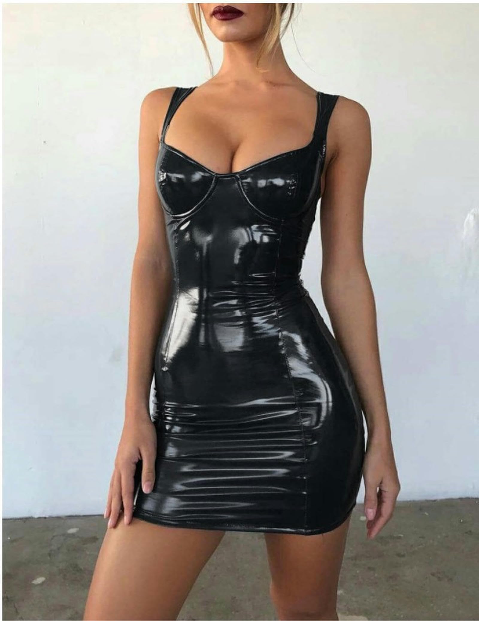 Club Nocturno Socialite Diosa Brillante Envuelto En El Pecho Liguero Cintura Adelgazante PU Vestido De Tirantes De Cuero-Rojo-XS