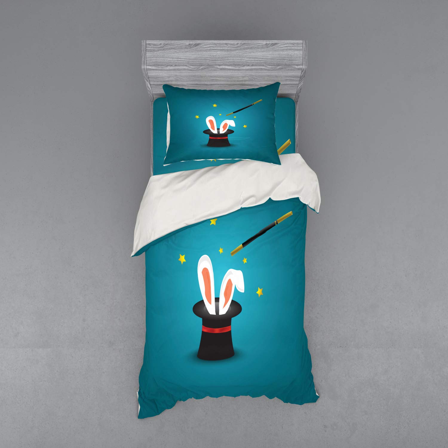 Ambesonne Bunny Bedding Set, Magicians Hat with Rabbit Ears and a Magic Wand Star Motifs Tricky, 3 Piece Duvet Cover Set with Sham and Fitted Sheet, Twin XL Size, Petrol Blue Multicolor