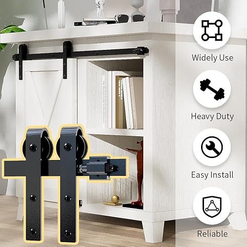 Miniatura 3 de Kit de herrajes para puerta de granero de 4 pies, kit de rodillo deslizante de una sola puerta para armarios, soporte de TV, forma de J (sin