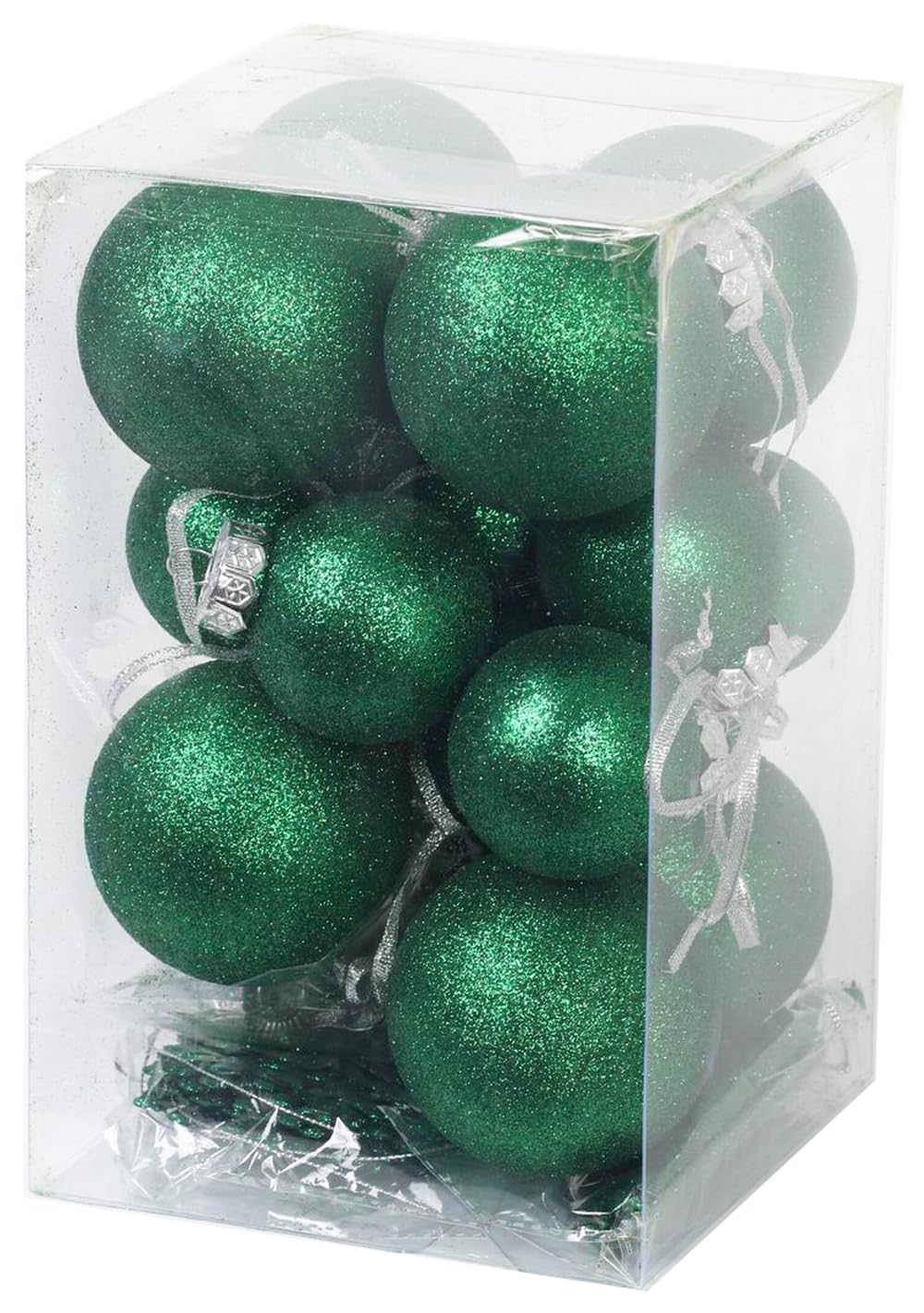 Grüne Kugeln für Christbaumschmuck, bruchsicherer Kunststoff 60 mm und 80 mm Glitzer-Schneebälle, Eiszapfen und Schneeflocken, Ornament-Set mit 32 Stück
