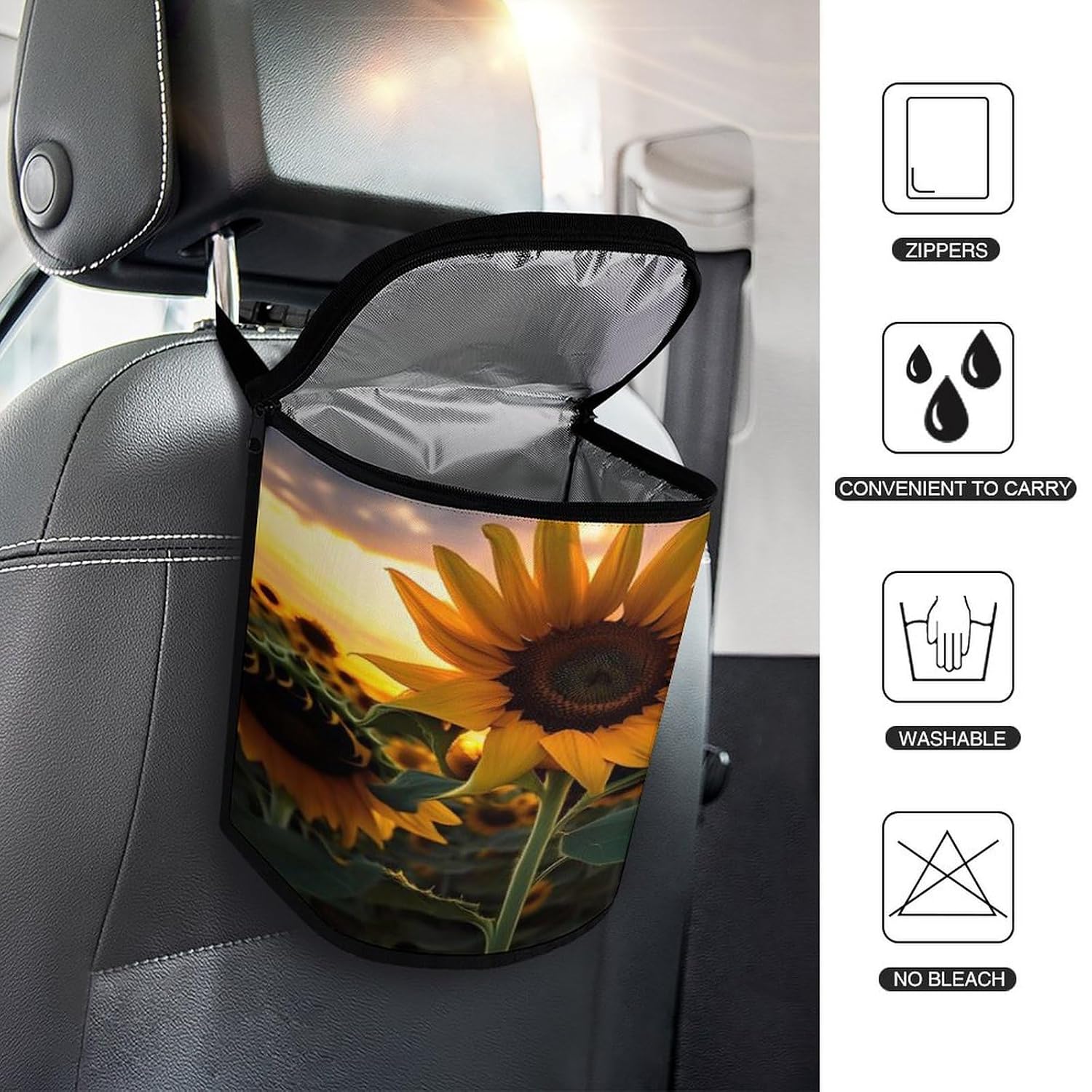 Farm Sunflower Car Trash Can with Lid Leak-Proof Waterproof Hanging Car Garbage Bag Detachable Multipurpose Trash Bin Portable Travel Cars Trash Bag for Cars SUV Truck RV