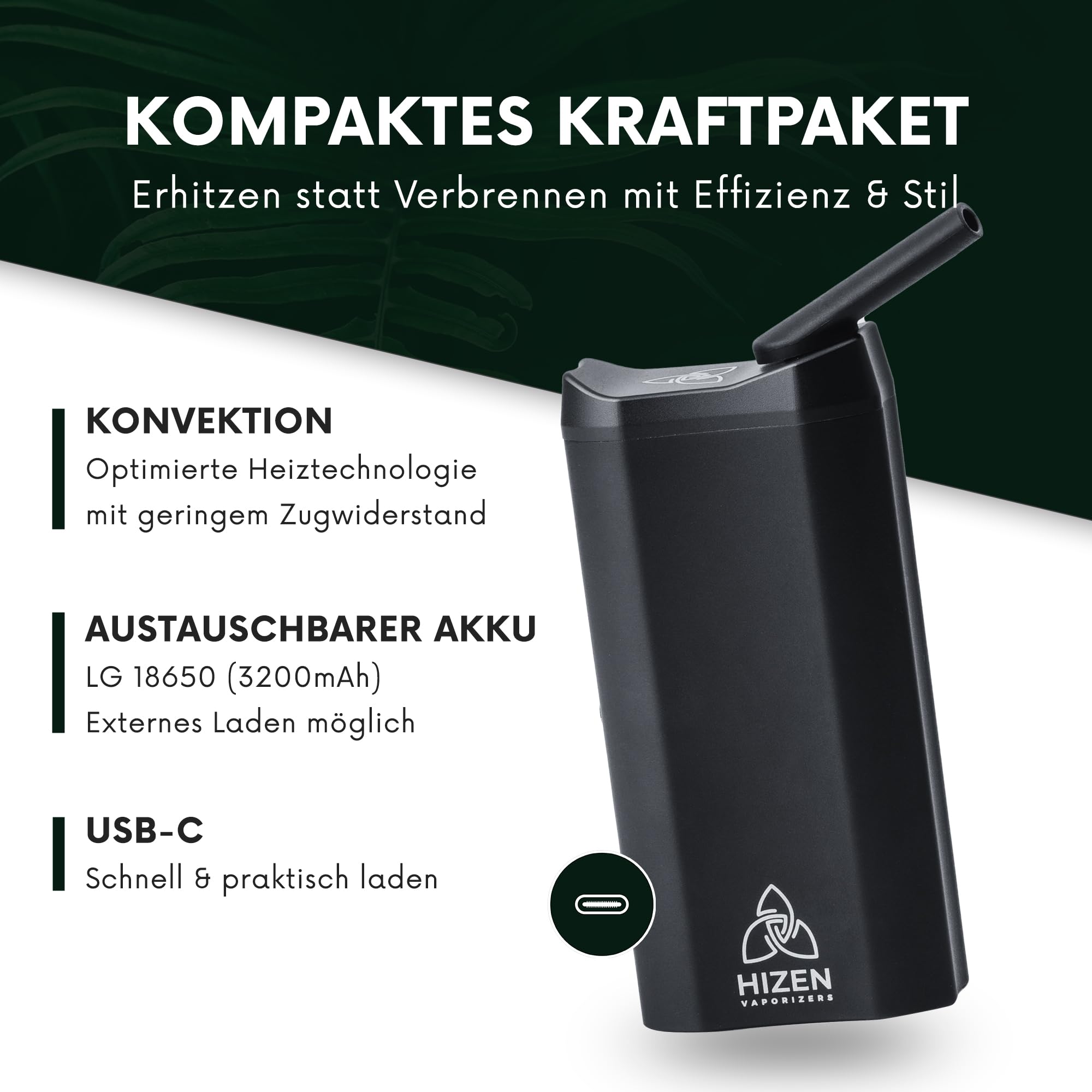 HIZEN Nanu Kräuter Vaporizer | Premium Verdampfer für Kräuter | Hochleistungs Konvektionstechnologie | 3600 mAh Akku austauschbar | Isolierter Luftstrom | Endless Timer | Schwarz