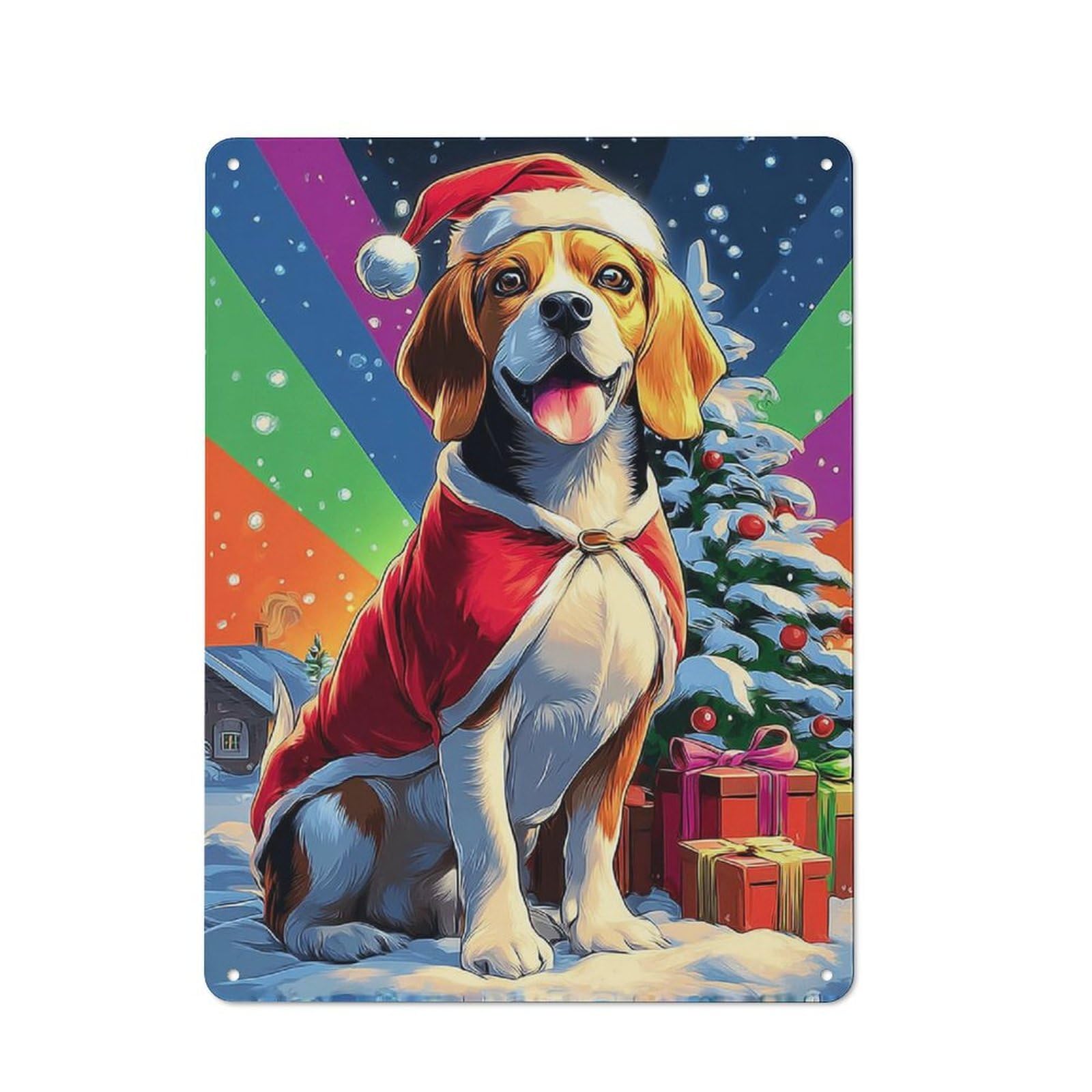Junmoney Christmas Beagle In Festive Outfit -2 40X30cm Retro-Style Tin Sign With For Café Or Restaurant, Winter Wall Decor For Hospitality Interior Collectors