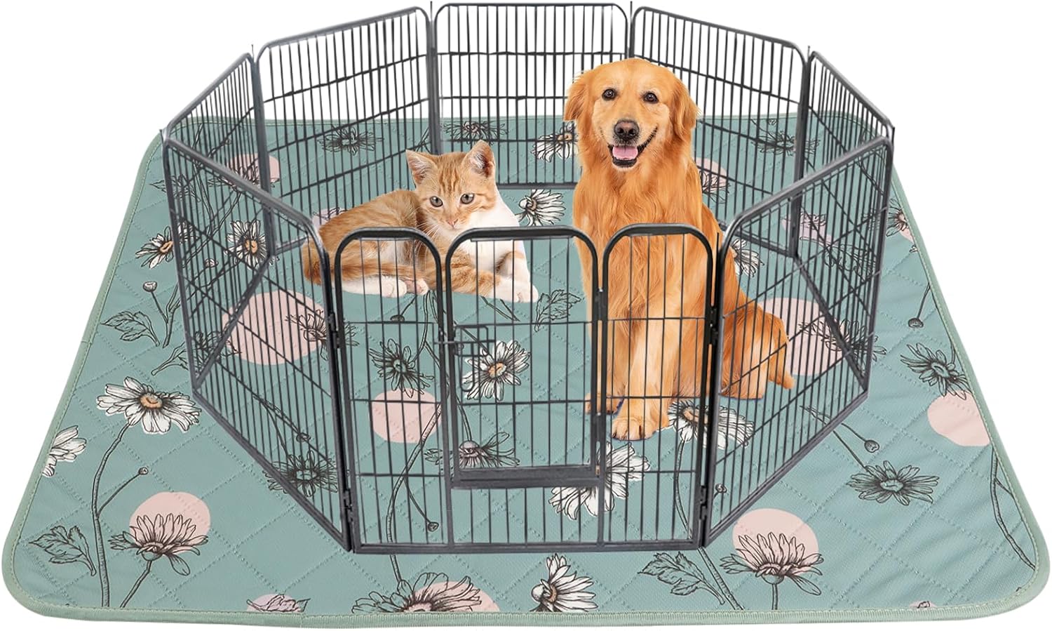 IEUUMLER Washable Pee Pads for Dogs, 1 Pack Non-Slip & Waterproof Pack Whelping Pad, Reusable Washable Puppy Potty Training Pad with Fast Absorbent for Playpen EU007 (Green Daisy, 63"X63"-1pcs)