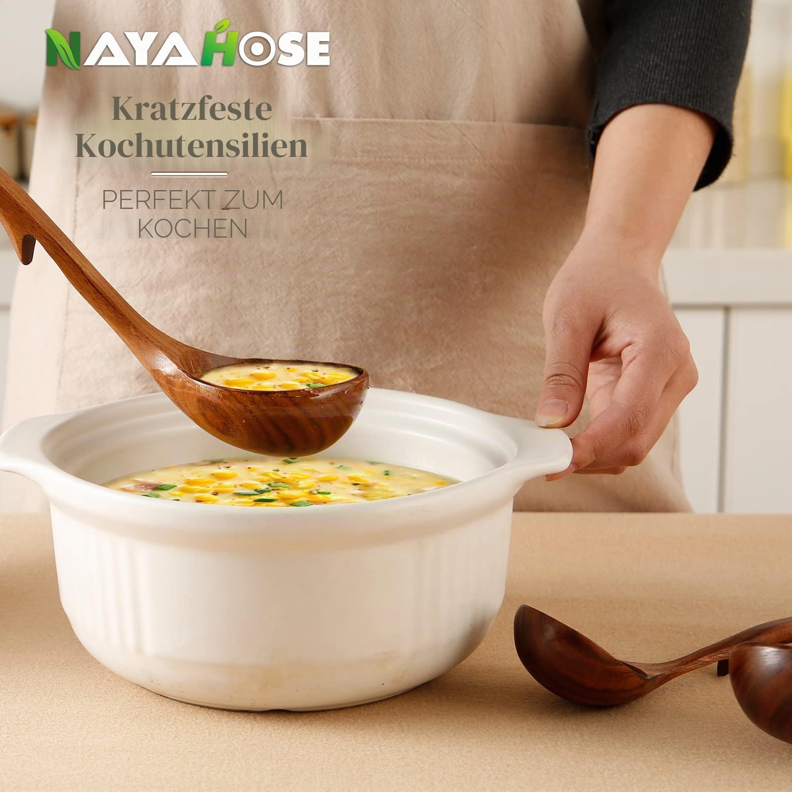 Holzkelle Suppen-Set, 3 Größen, Holzlöffel zum Kochen, antihaftbeschichtet, Kochlöffel aus natürlichem Teakholz, Küchenutensilien-Set