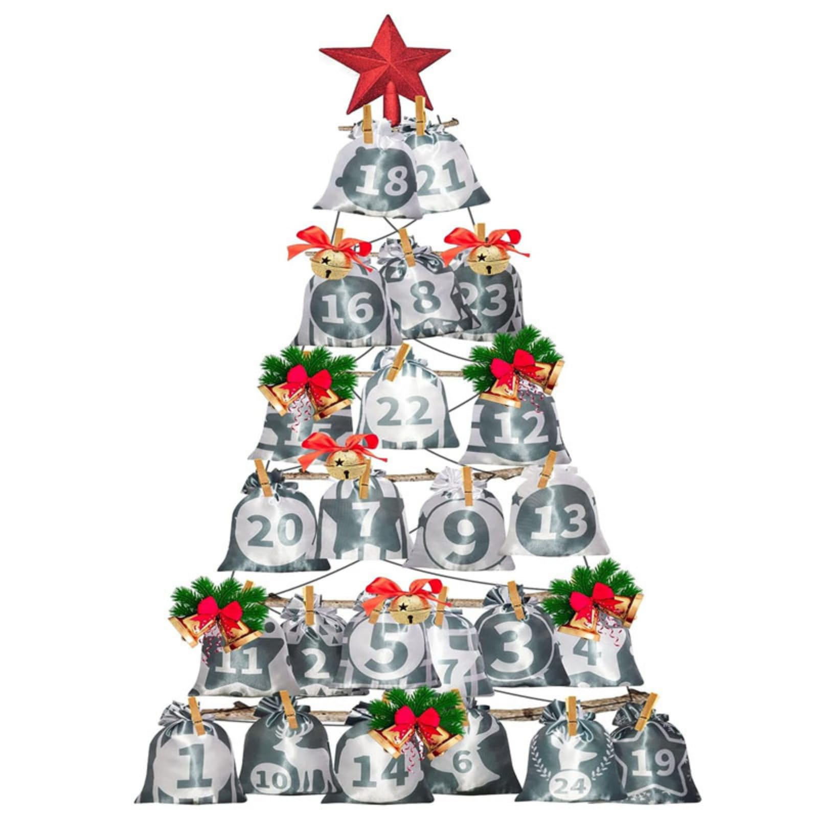 HIPIHOM Christmas Advent Calendar Bags, 24 Days Countdown Burlap Bags Hanging Advent Calendar Gift Favors for Xmas Decorations (Grey)