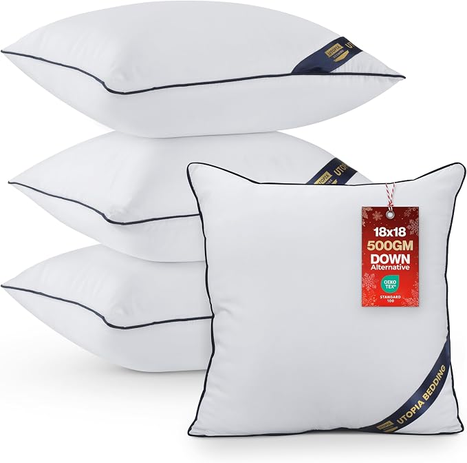 Utopia Bedding Throw Pillow Inserts (Pack of 4, White), 18 x 18 Inches Decorative Indoor Pillows for Sofa, Bed, Couch, Cushion Sham Stuffer