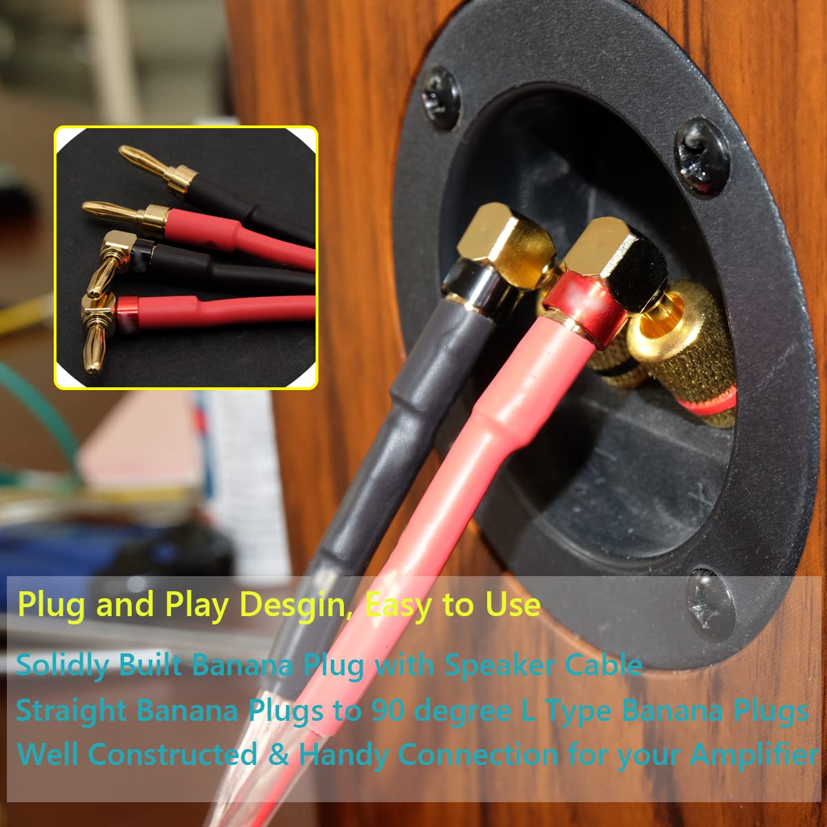 2 x 3m 13AWG HiFi Lautsprecherkabel mit Bananensteckern, Audiophiles Lautsprecherkabel mit 4mm rechtwinkligen vergoldeten Steckern für Lautsprecher, Heimkino, Audio System