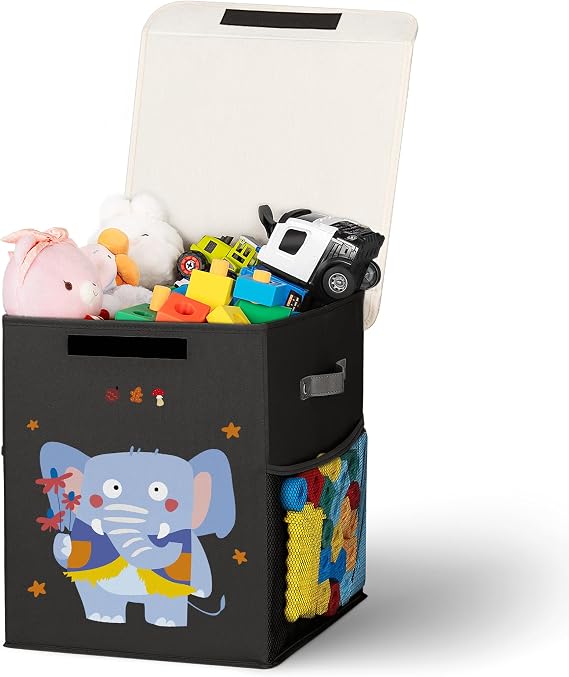 Toy Box, Toy Storage Box with Lid-13x13 x16(black-animal) | Collapsible Sturdy Toy Chest Storage Box for Girls and Boys, Nursery Room and Living Room, Gift for Kids