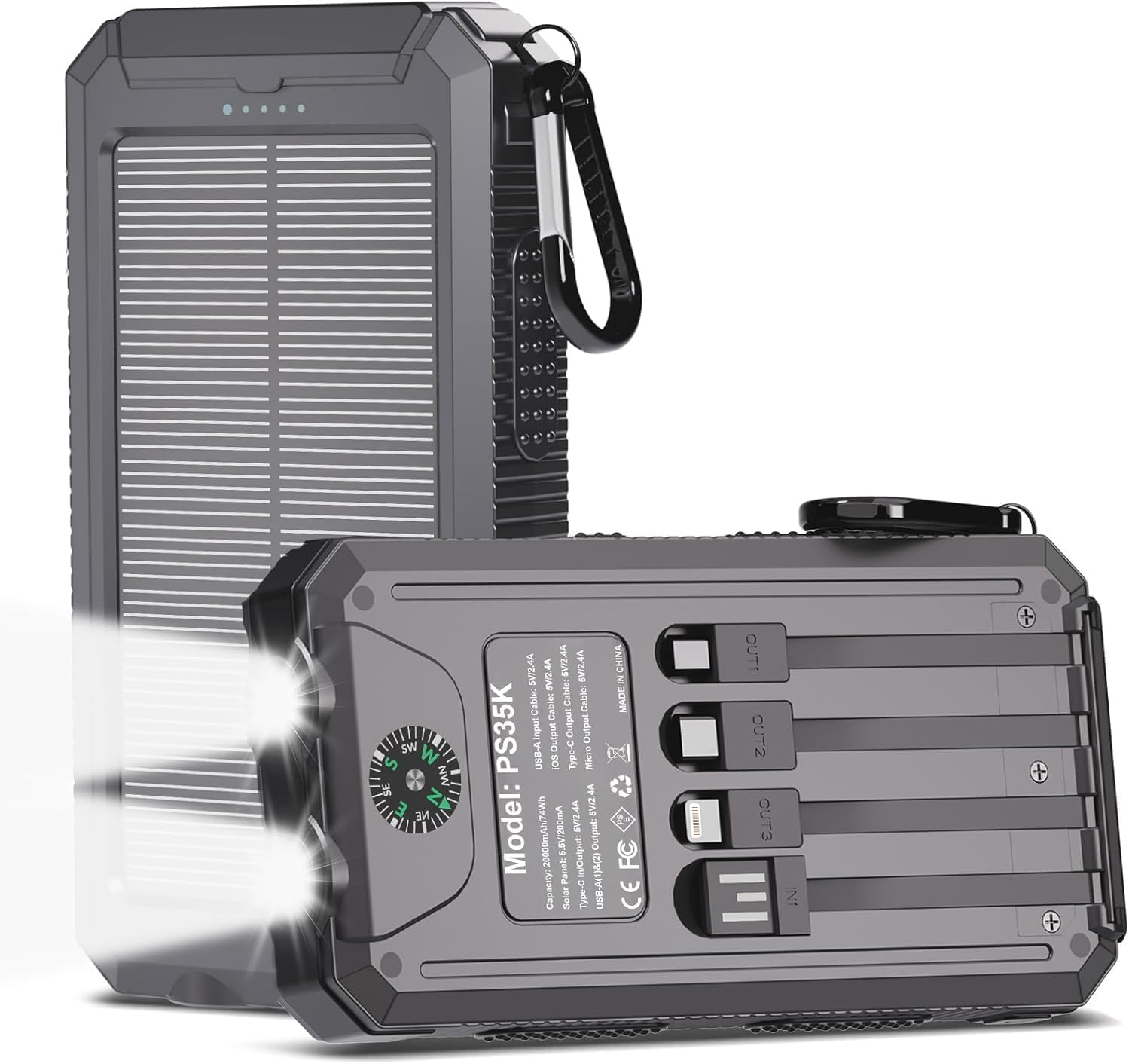 Energy Financial institution Photo voltaic Charger 20,000mAh, Moveable Cellphone Charger, 4 Cables Outside Waterproof Exterior Backup Energy Charger with USB-C for Cell Telephones, Photo voltaic Battery Pack with Twin Flashlight for Tenting