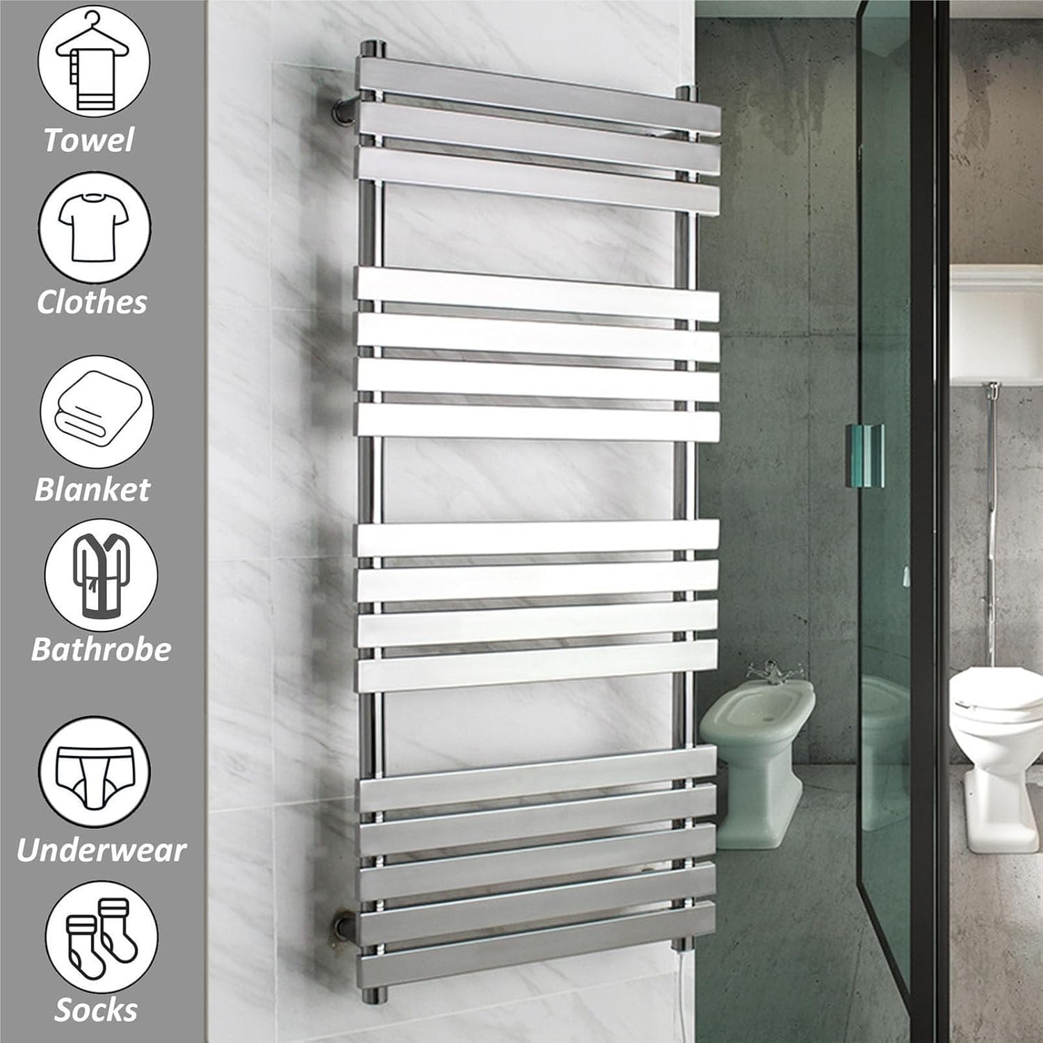 Towel Warmer Silver,Plug in Left,16 Bars Electric Rack,Stainless Steel Heated Towel Racks for Bathroom,Wall Mounted-Silver-Hard Wired(Plug in Right)