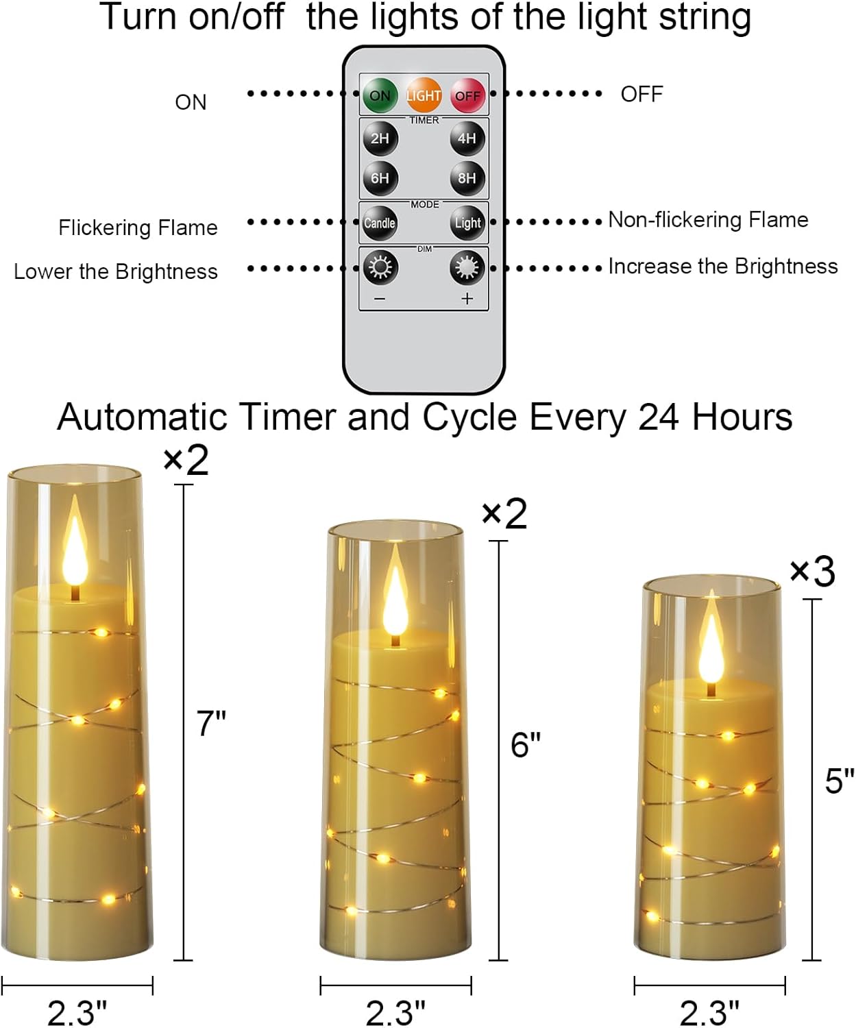 Flameless Candles with Remote Timer, Embedded String Lights Candles Acrylic Flickering, Battery Operated LED Pillar Candles, 7 Pcs Unbreakable, Black, 2.3x5/5/5/6/6/7/7 inches