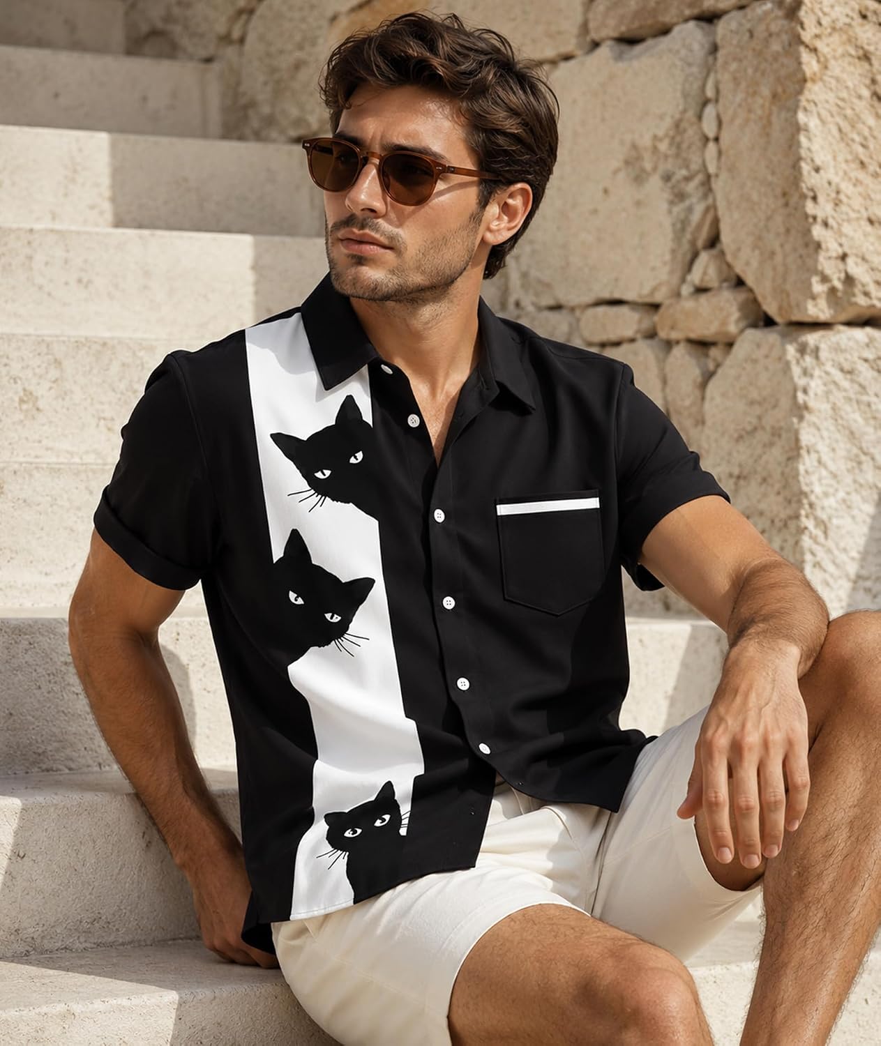 Bowling Shirt for Men Retro 1950s Button Down Short Sleeve Shirt Funny Party Beach Hawaiian Shirts