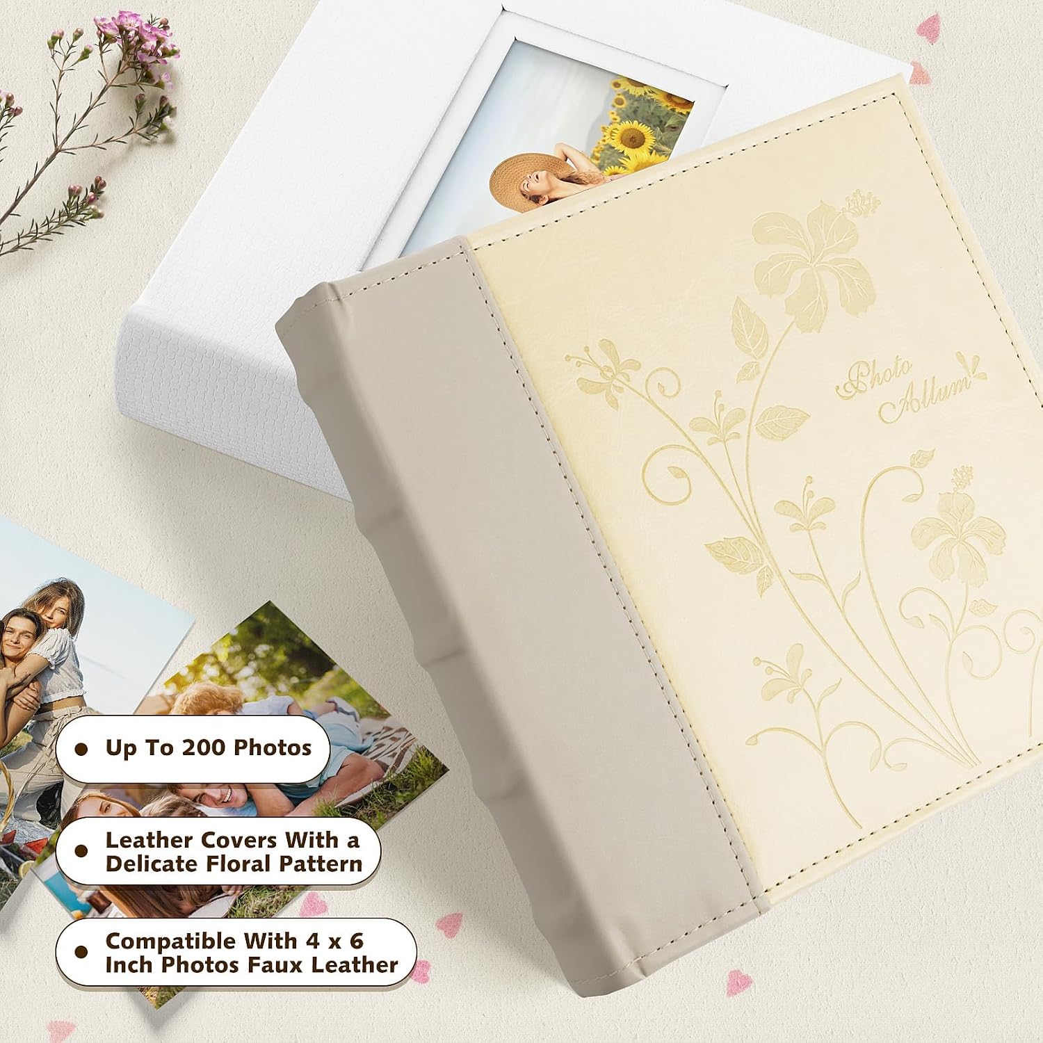 Golden State Art,Faux Leather Photo Album Hold 200 4x6 Pictures with Memo Writing Space,Great for Wedding Family Holidays(Color:Beige & Light Grey)
