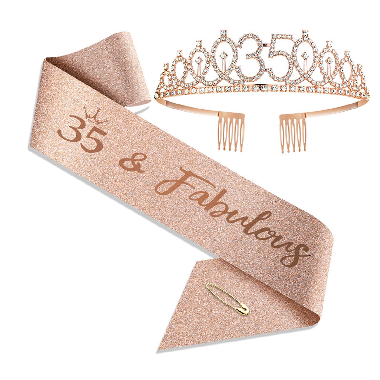 JOUWUI 35 Fabulous Sash and Rhinestone Tiara Set, 35th Rose Gold Rhinestone Crowns and Sash for Women, 35th Birthday Decorations for Her
