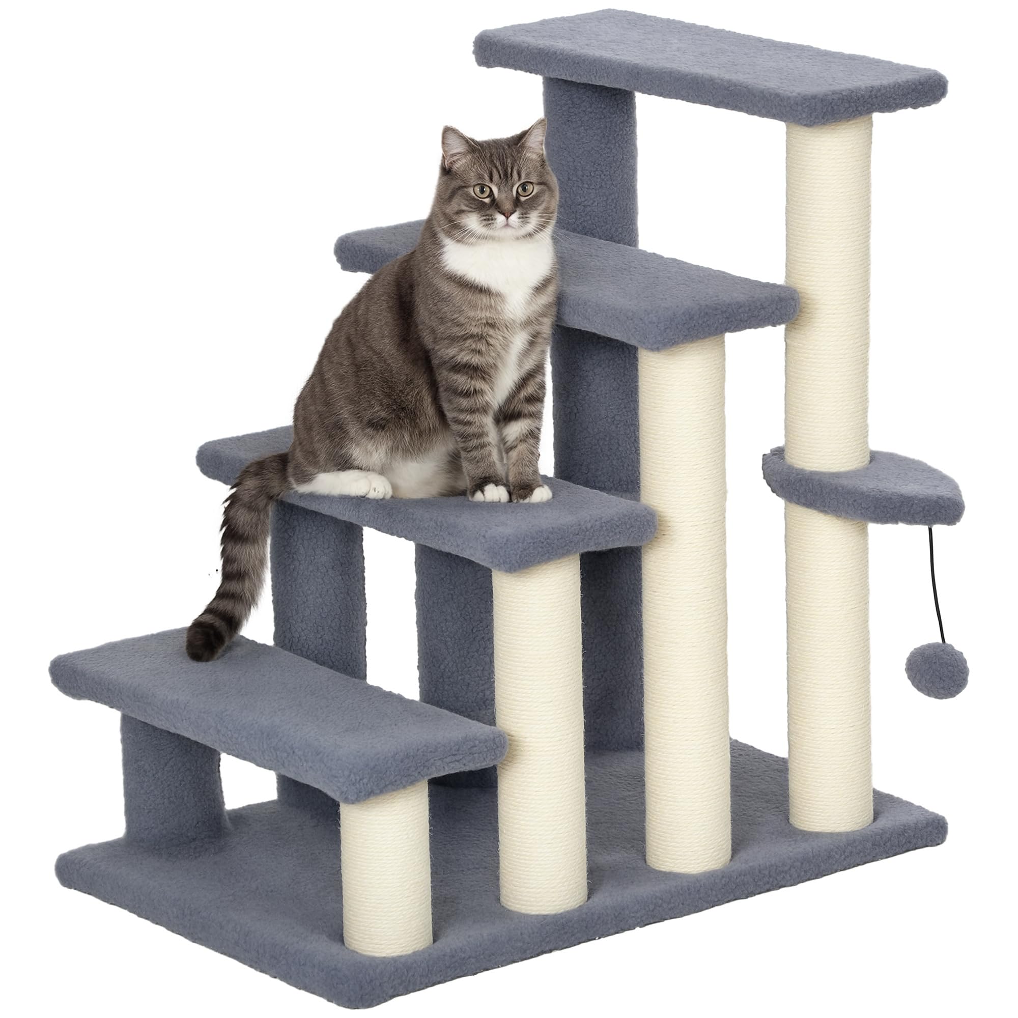 PawHut 4 Levels Cat Steps, Pet Stairs Carpeted Ladder, Kitten Tree Climber with Scratching Posts, Hanging Play Ball, Side Step, for High Bed, Sofa,