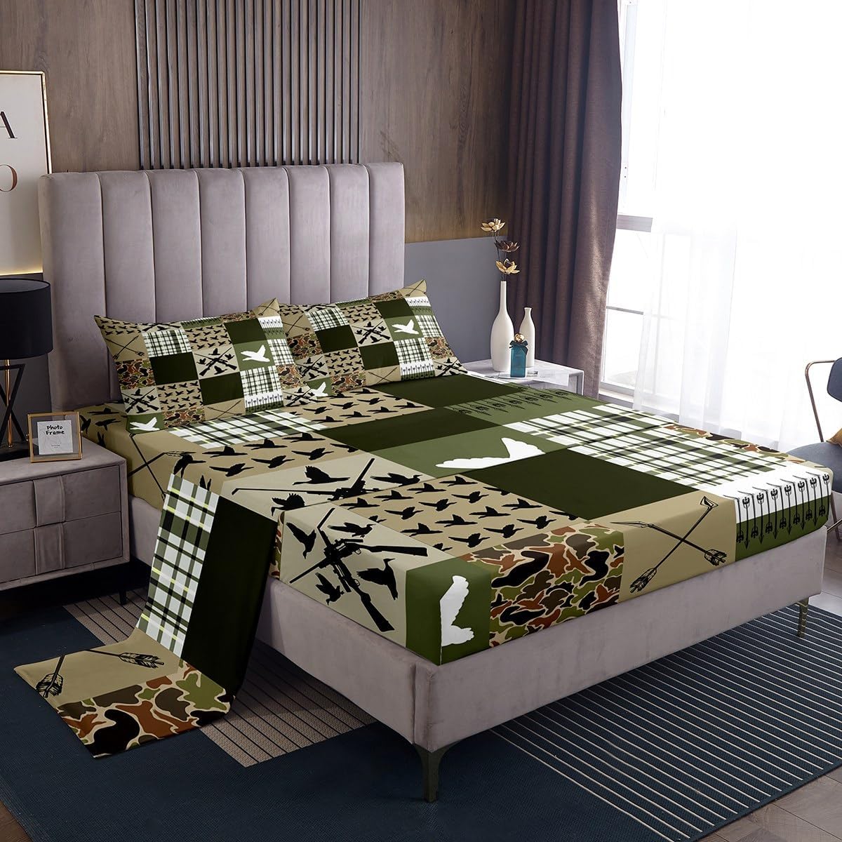 Feelyou Camouflage Bedding Set Queen Size Kids Camo Bed Sheets Set for Boys Girls Teens Military Style Fitted Sheet Breathable Soft Microfiber Army Green Room Decor