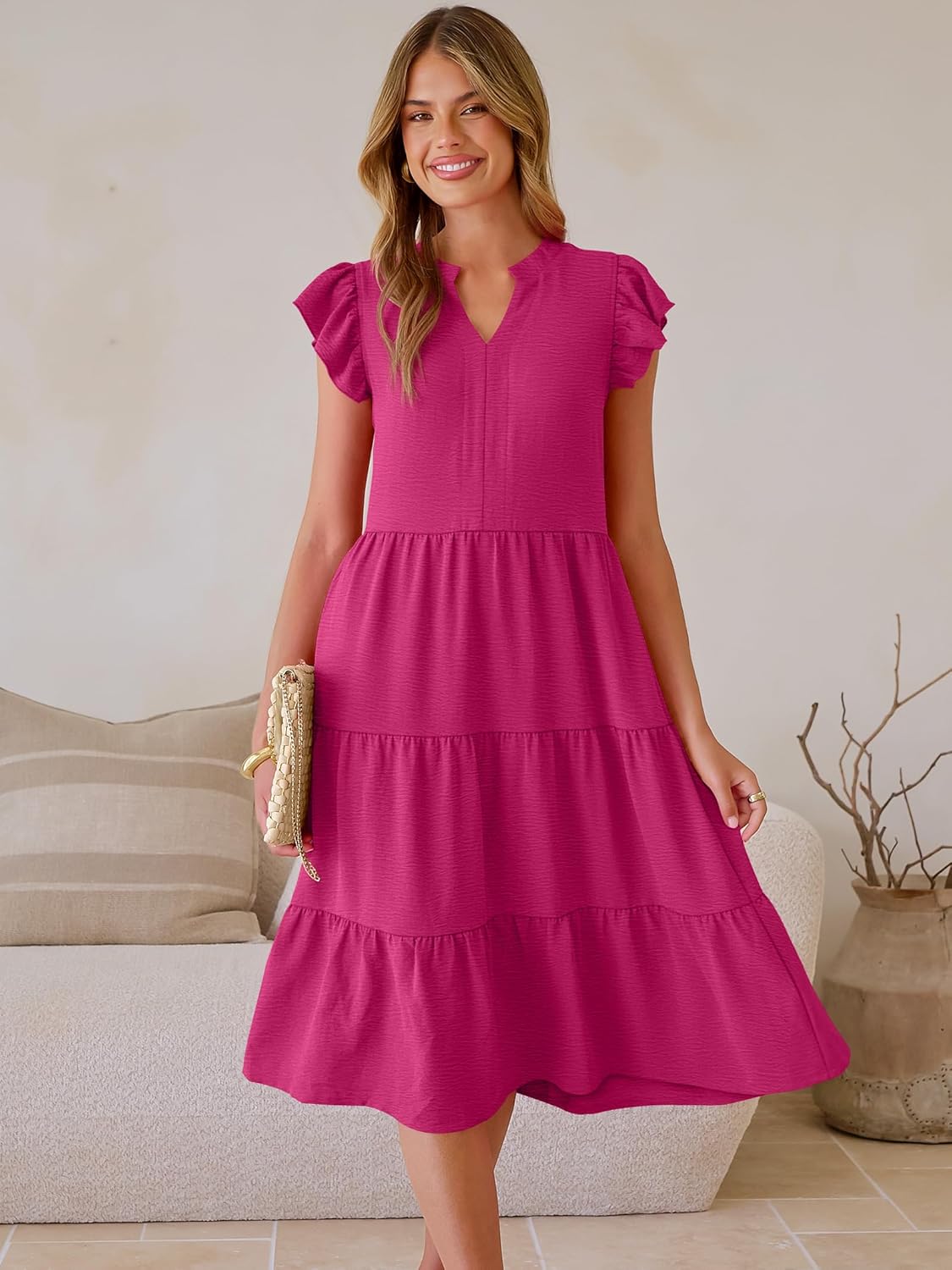 ANRABESS Womens Summer Casual Dress V Neck Ruffle Sleeve Midi Dresses 2026 Trendy Flowy Tiered Boho Beach Vacation Sundress - Image 2