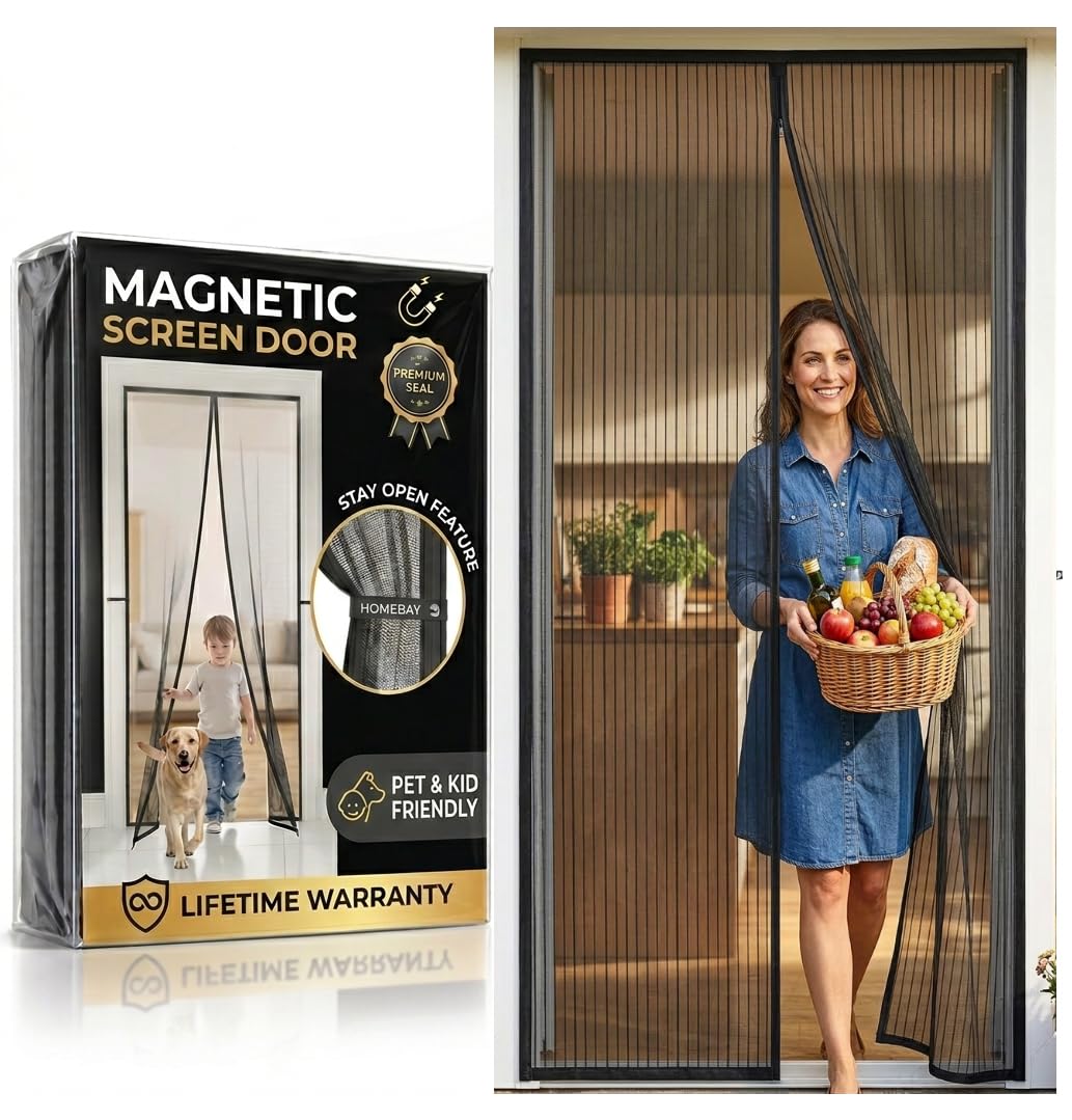 Homebay Black Homebay® Magnetic Fly Screen For Doors, Heavy Duty Hands-Free Automatic Closure, No-Drill Easy Installation, Child & Cat Friendly Fly Door Net Curtains For Insects & Bugs (110 X 210Cm)