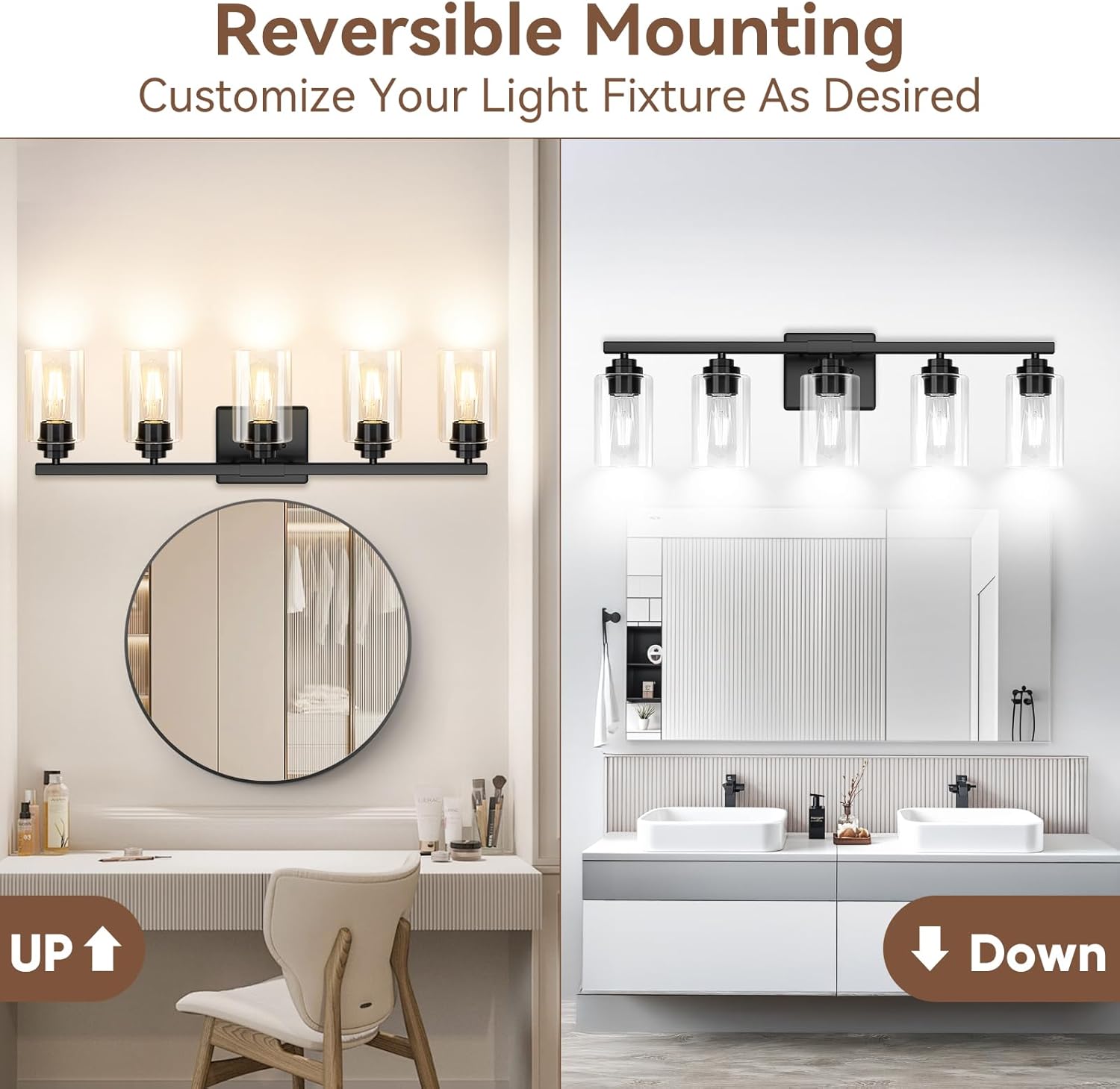 5-Light Matte Black Bathroom Light Fixtures, 31" Modern Vanity Lighting Fixture for Bathroom, Bathroom Vanity Lights Over Mirror with Clear Glass Shades, Wall Lamp for Mirror Living Room Bedroom Porch