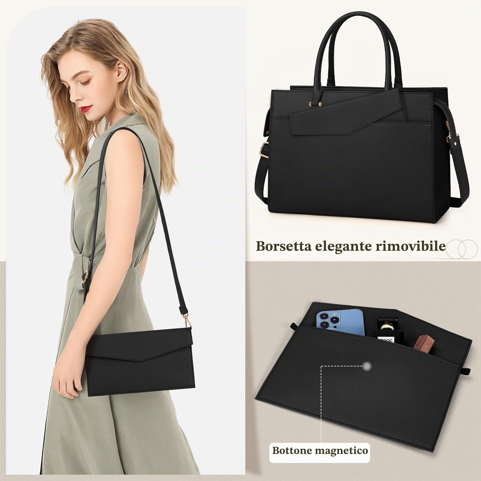 RAINSMORE Borsa porta PC Donna Borsa Donna Grande Borsa Lavoro Donna Borse Tote Borsa a Tracolla Pelle Scuola Elegante Universita Impermeabili 15.6 Pollici