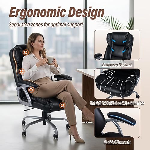 Miniatura 4 de Giantex Silla de oficina ejecutiva, silla ergonómica de cuero para computadora con función de balanceo, asiento y brazos acolchados, sillas de