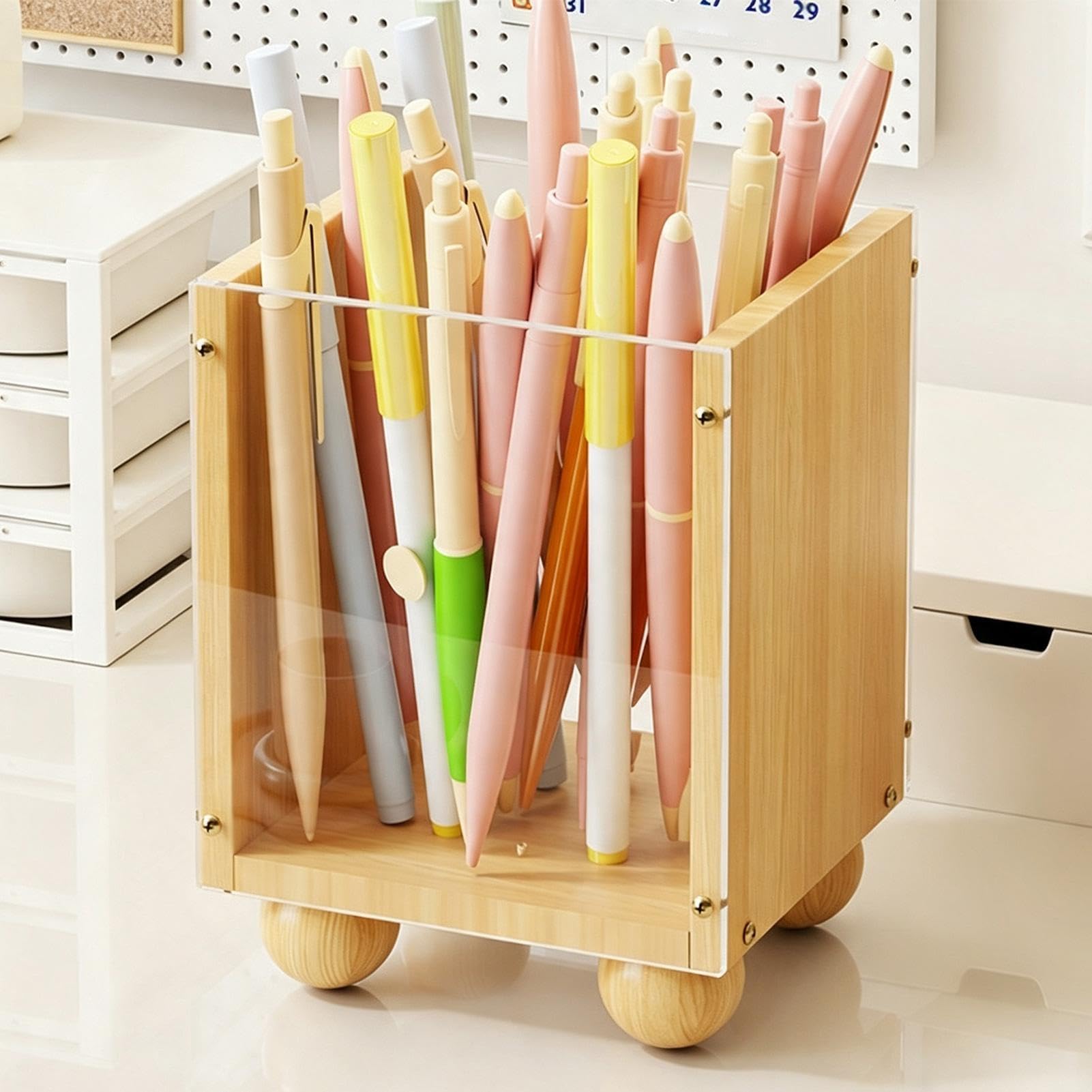 Porte-stylos décoratif en bois avec grand espace de rangement - Organisation de bureau pour enseignants, dortoirs d'étudiants, maison, salle de bain, cuisine, salle de classe (bois naturel)