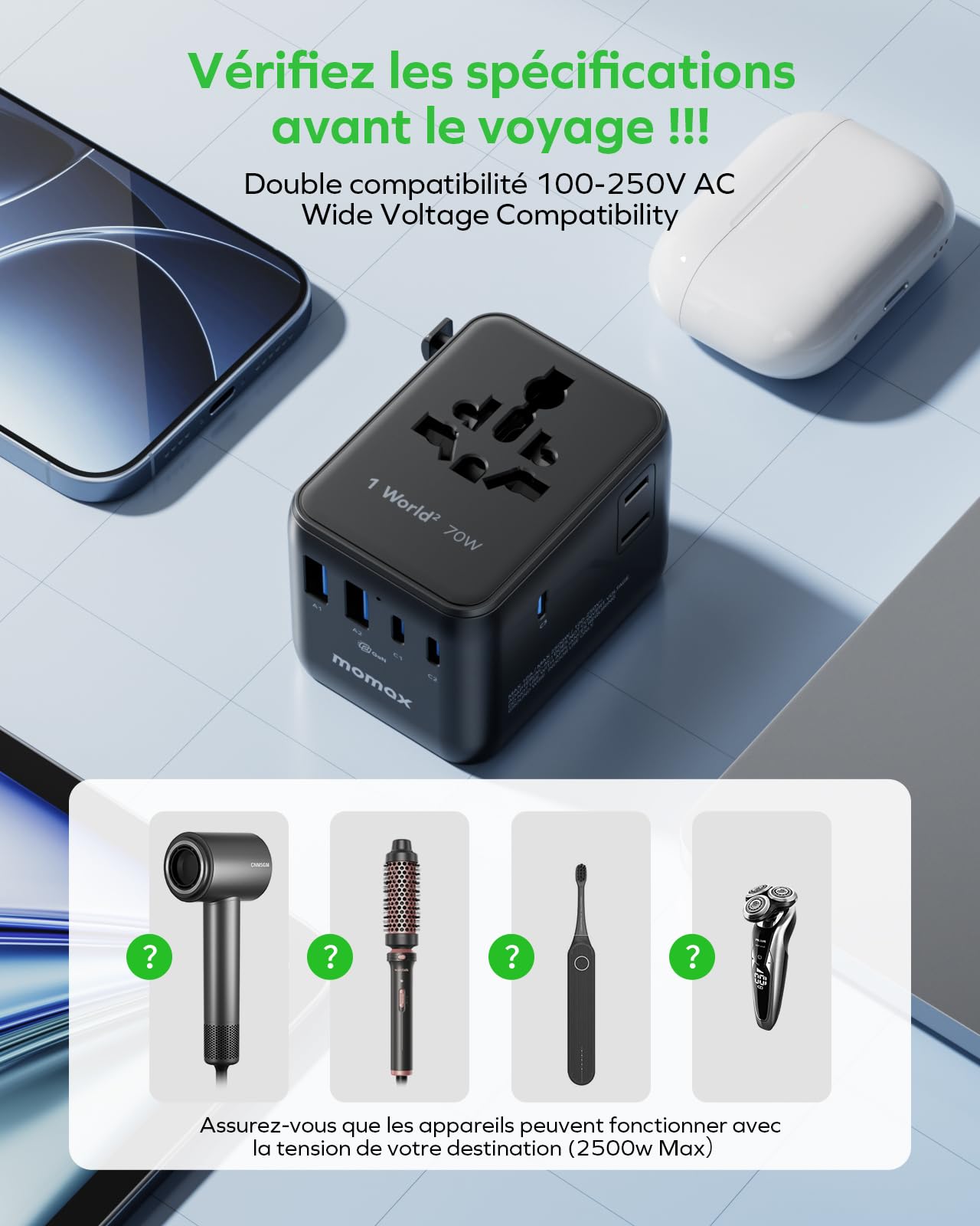 MOMAX Adaptateur Prise Universelle 70W, Adaptateur Voyage avec 2CA 3 USB C et 2 USB A, Adaptateur Universel de Voyage France vers Anglaise UK Irlande USA Canada Australie Chine Japon Thaïlande