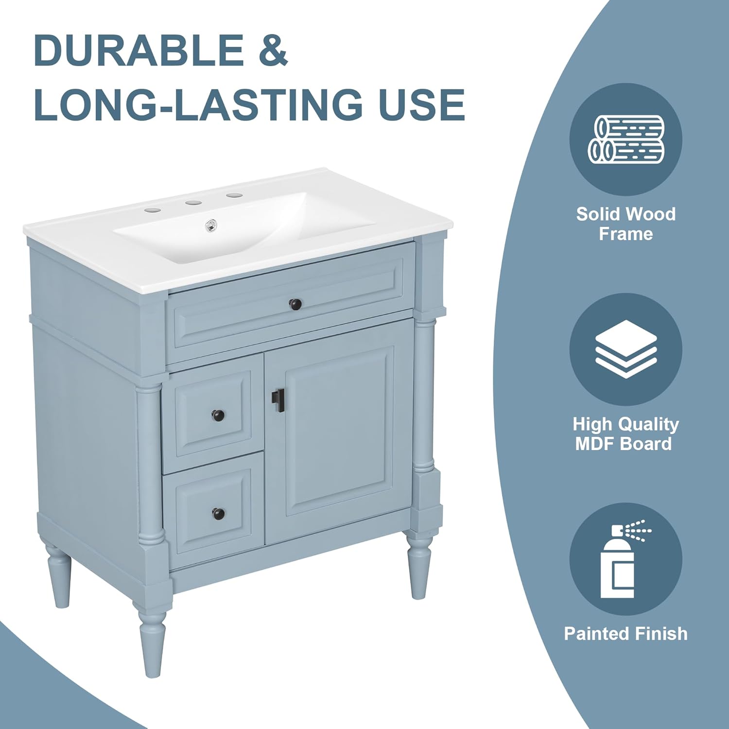 Harper & Bright Designs 30" Bathroom Vanity with Sink, Free Standing Bathroom Vanity Set with Flip Drawer, 2 Drawers, and Adjustable Shelf, Storage Cabinet with Ceramic Basin for Bathroom, Blue Grey
