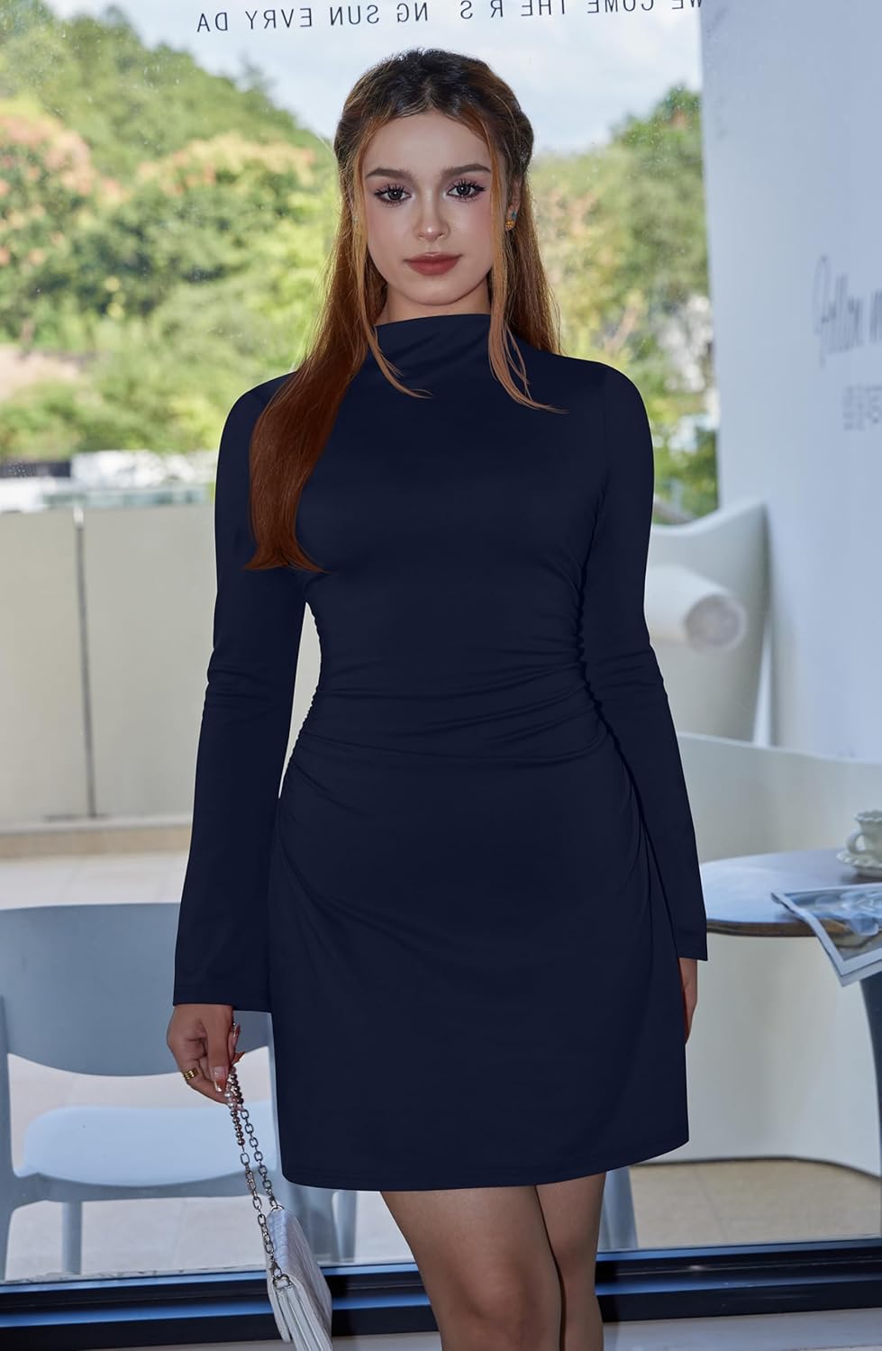 GOBLES Women's Elegant Fall Sleeve Mock Neck Slim fit Ruched A-line Mini Party Dress - Image 6