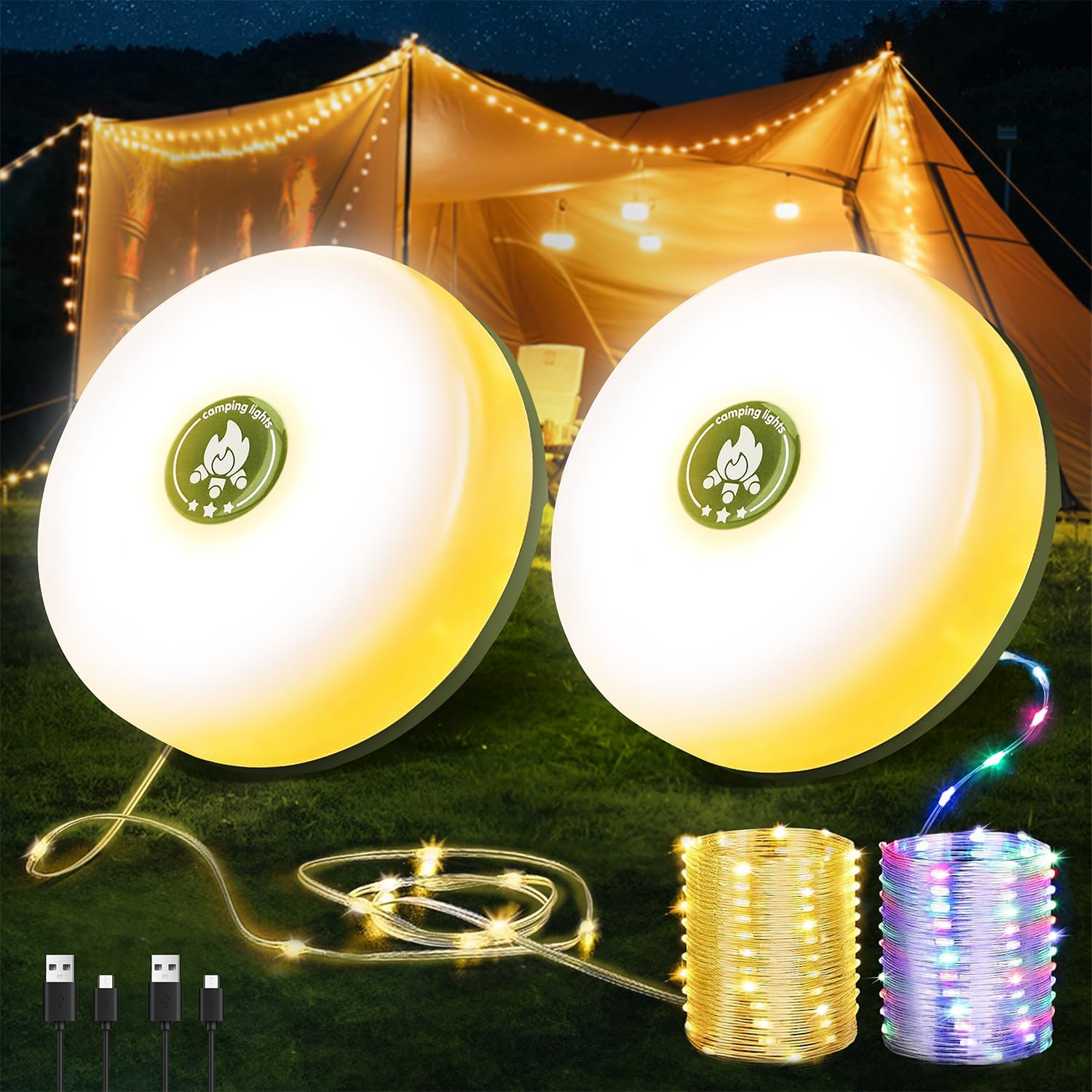 Paquete de 2 tiras de luces de camping | Luces recargables 4 en 1 de almacenamiento rápido de 32.8 pies con 8 modos | Lámpara LED impermeable colgante para patio al aire libre, jardín, fiesta