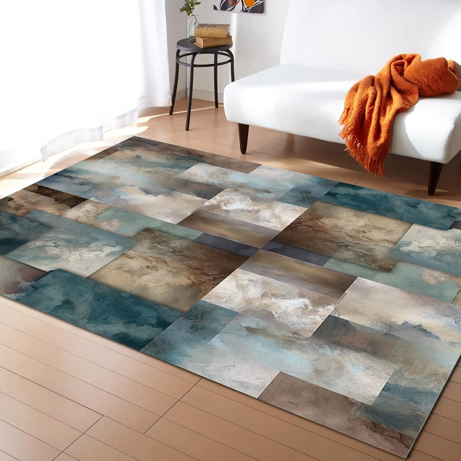 Area Rugs for Living Room, 5'x7' Marble Teal Brown Abstract Geometric Lines Large Washable Rug Soft Durable Indoor Carpet Non Slip Floor Mat for Bedroom Dining Room Entryway
