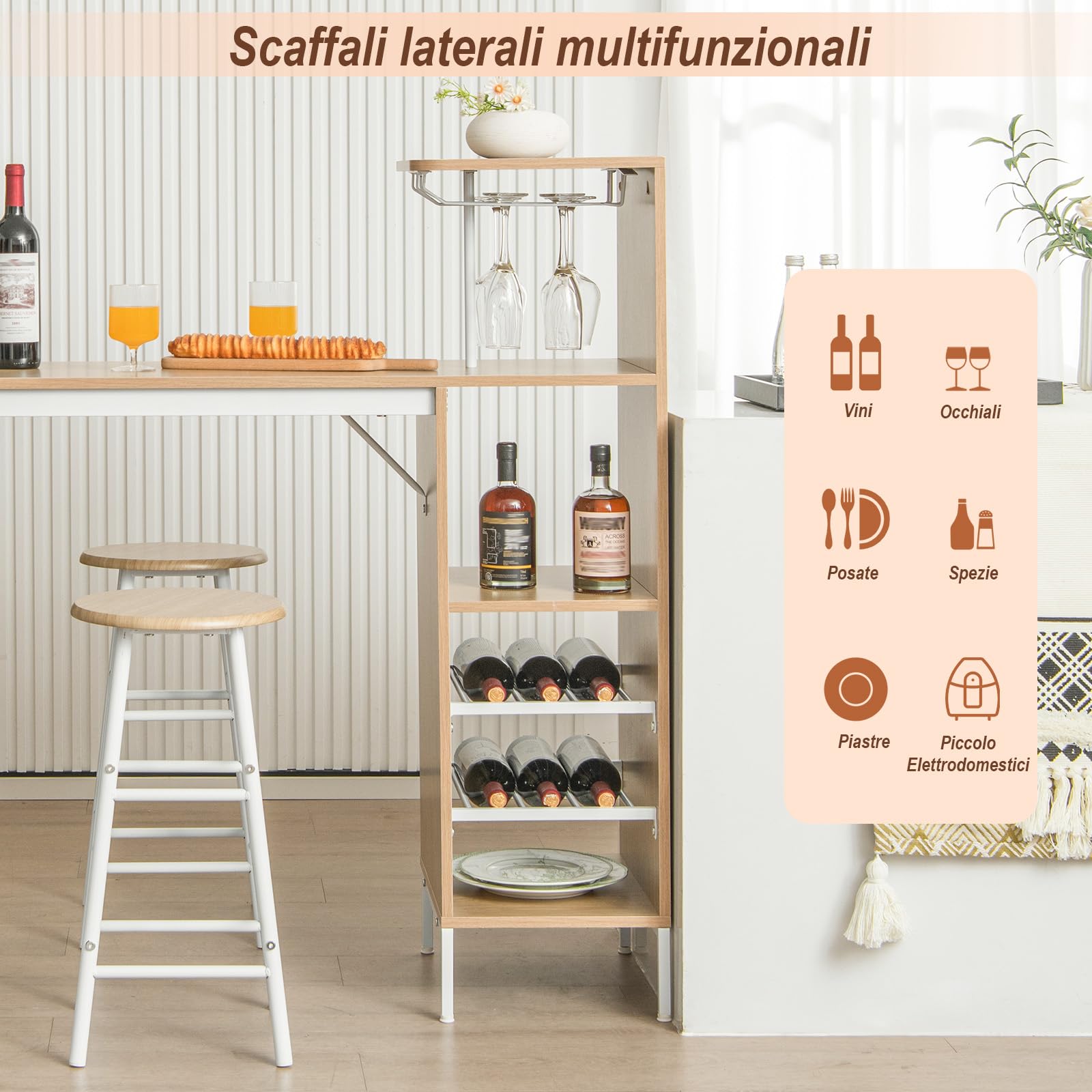 GYMAX Set di Tavolo e 2 Sgabelli da Bar, Salvaspazio con Portabicchieri, Portabottiglie e Mensole Aperte (Naturale)