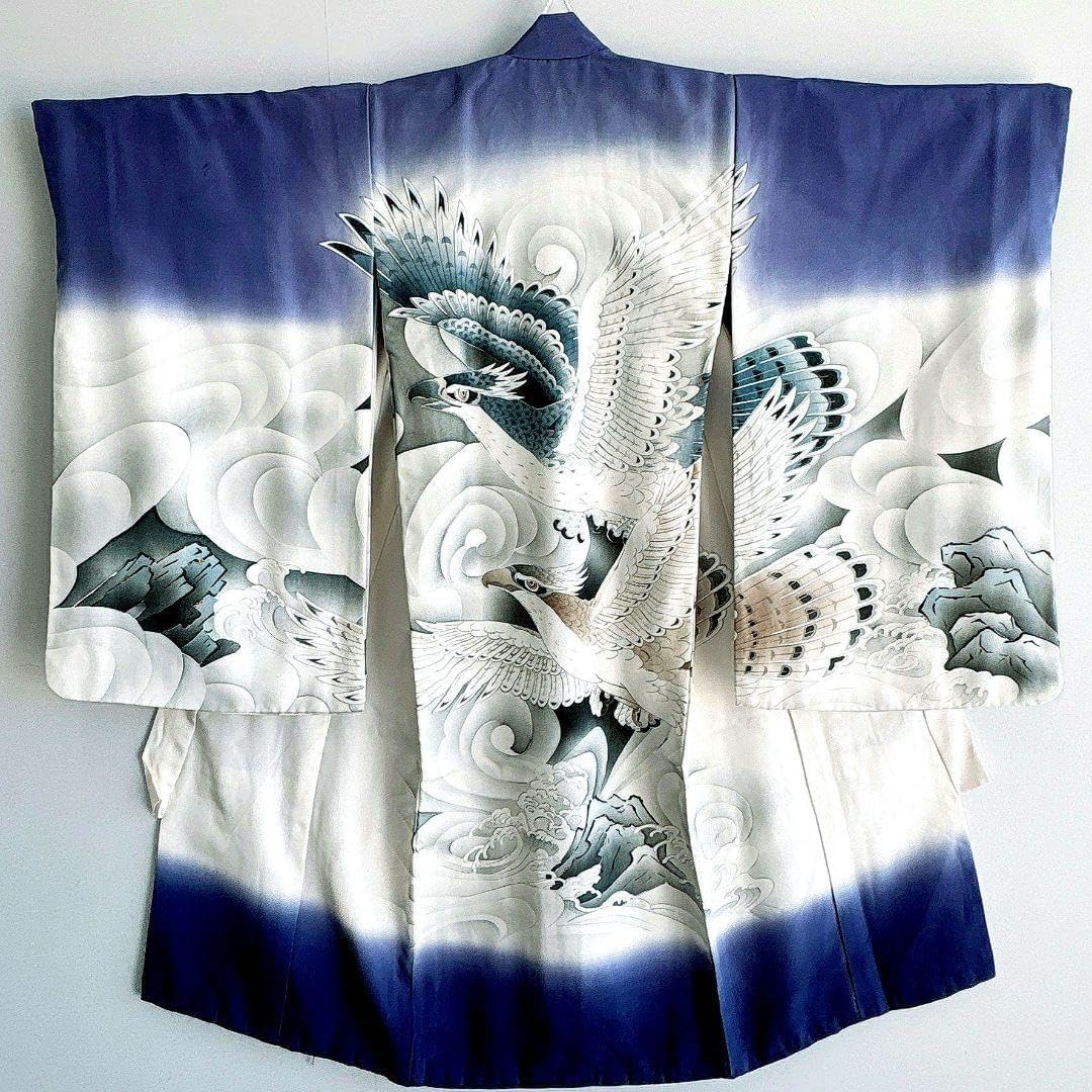 お宮参り 産着 祝着 0歳 男の子 青紫×白 鷹兜 長襦袢なし 7022