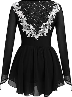 Ice Skating Dress for Women Long Sleeve Figure Skating Costume Rhythmic Gymnastics Leotard Sparkly Chiffon Skirt - Buy now