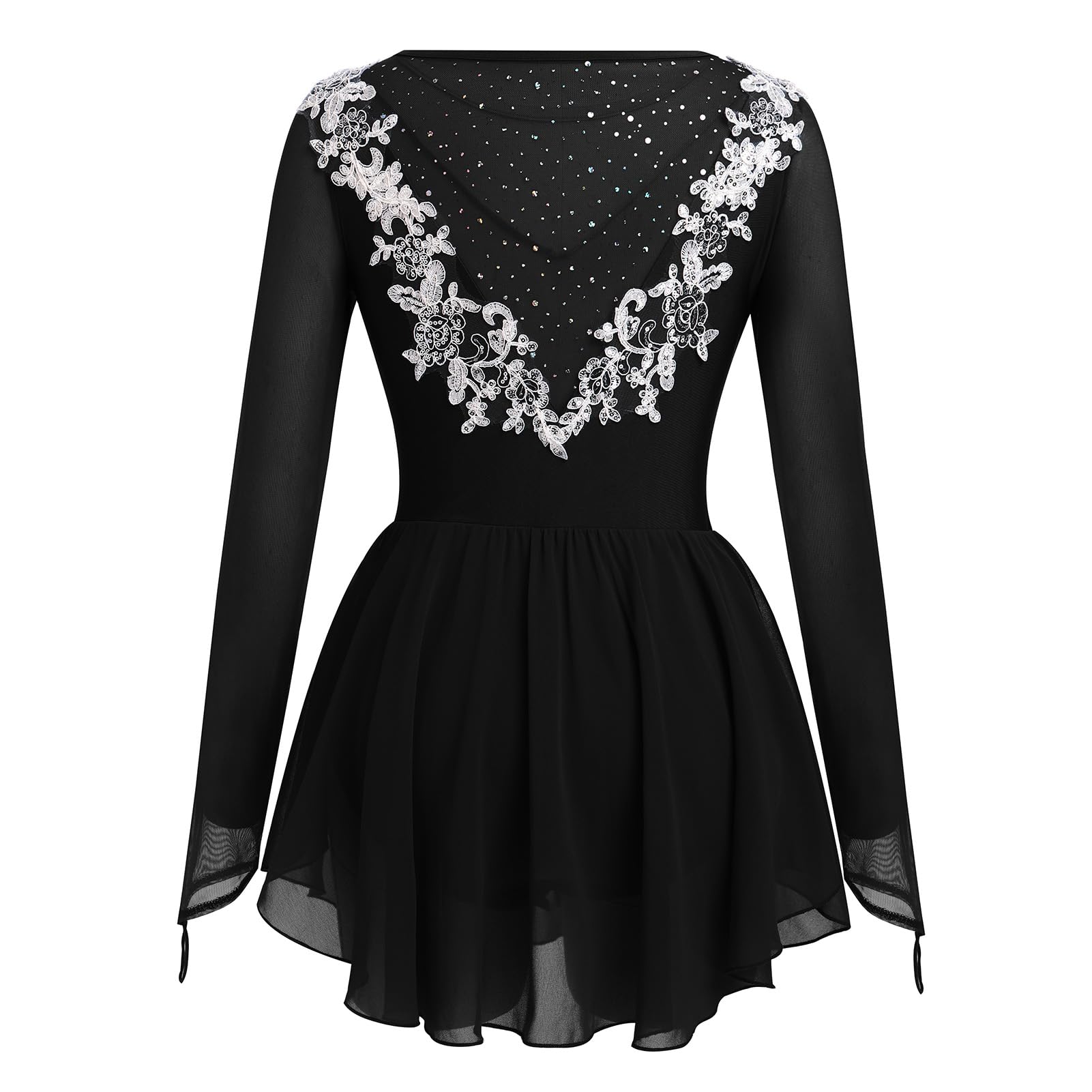 FYMNSI Damen Tanzkleid Eiskunstlauf Kleid Langarm Rollkunstlauf Tanzanzug mit Strass Blumen Chiffon Rock Turnanzug