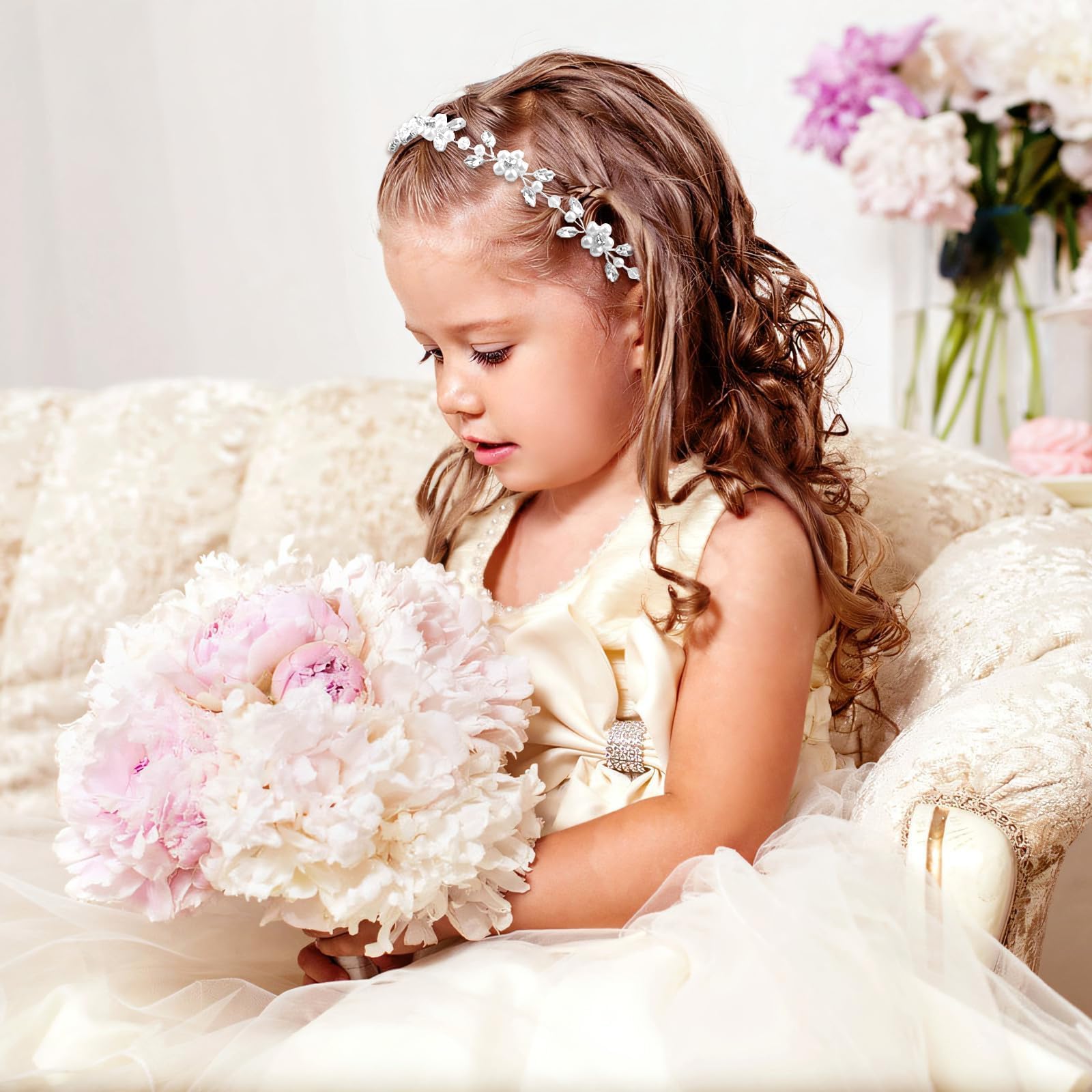 IYOU Haaraccessoires voor bloemenmeisjes, gouden parels, hoofdband voor bruid, baby's, adem, kristal, haarwijnstok voor prinses bloemenmeisjes en bruidsmeisje