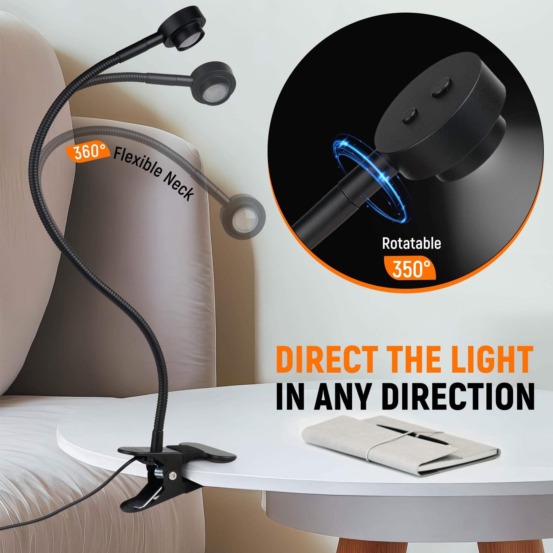 Flexible Leselampe zum Anklippen für Bett | 3 Farben dimmbar, biegbar, komplett aus Metall, CRI 95 LED, Kopfschalter, Adapter im Lieferumfang enthalten