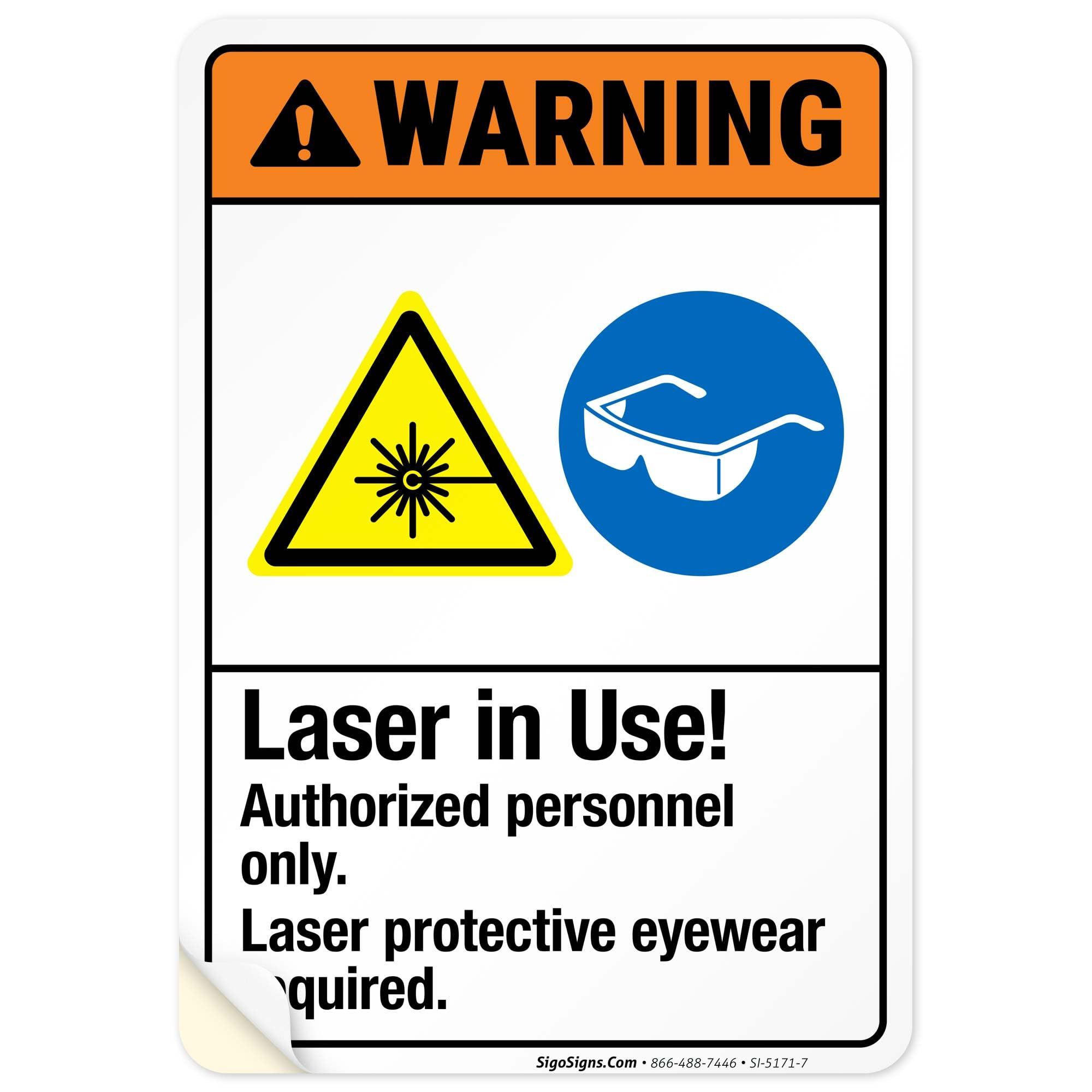 Laser in Use Authorized Personnel Only Laser Protective Eyewear Sign, ANSI Warning Sign, 10x7 Inches, 4 Mil Vinyl Decal Stickers Weather Resistant UV