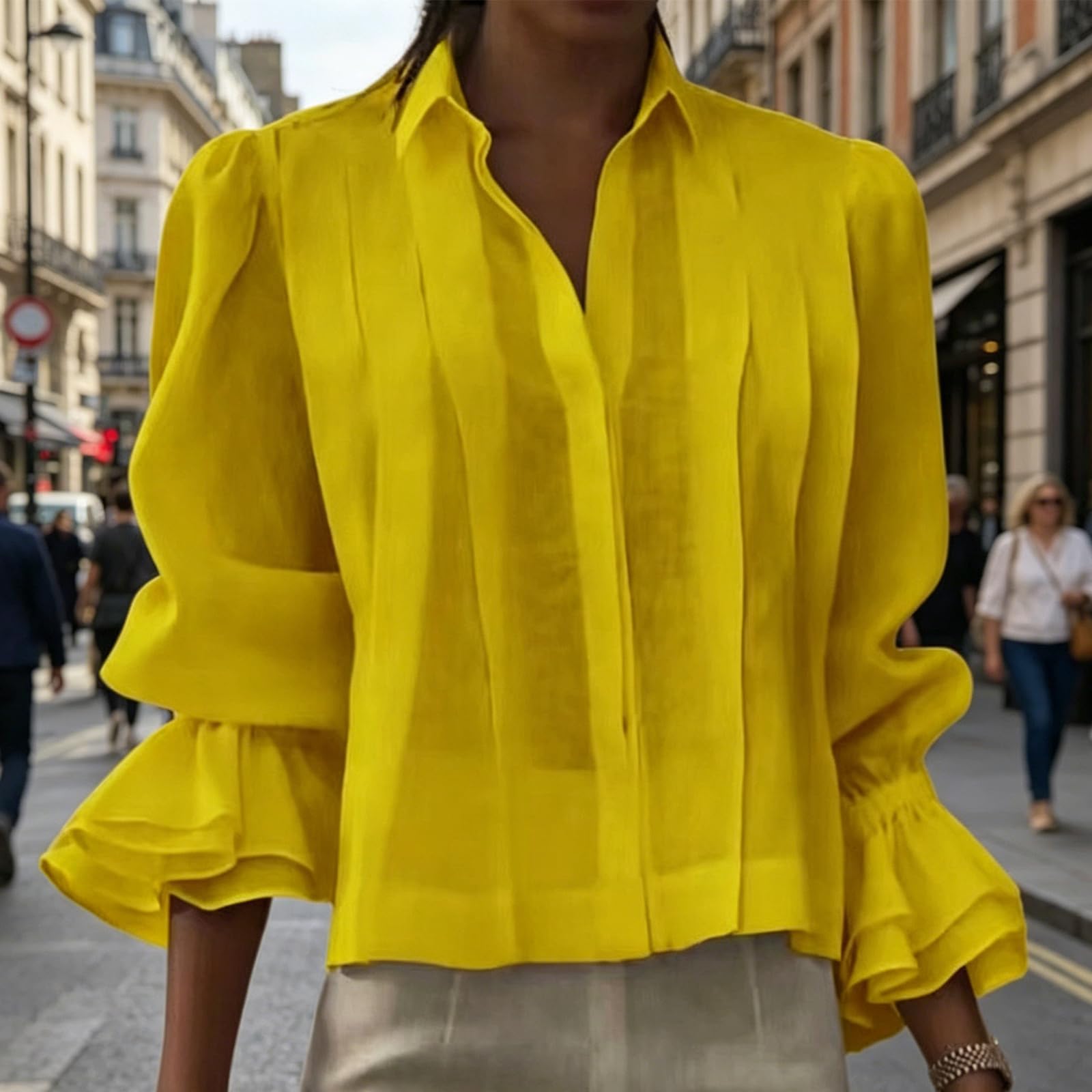 Camicia da donna con bottoni e risvolto, camicetta trasparente con pannello plissettato, sensazione in morbido misto cotone e camicia da lavoro