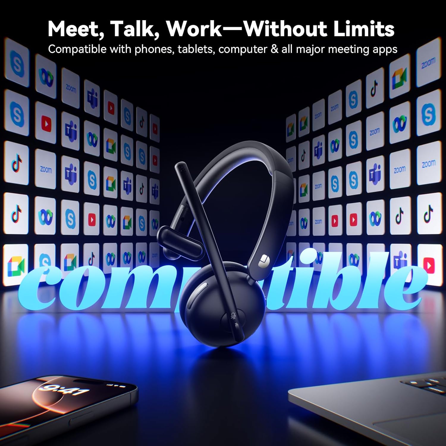 Dytole Wireless Headset with a background of various communication app logos (Zoom, Teams, Google Meet), indicating broad compatibility