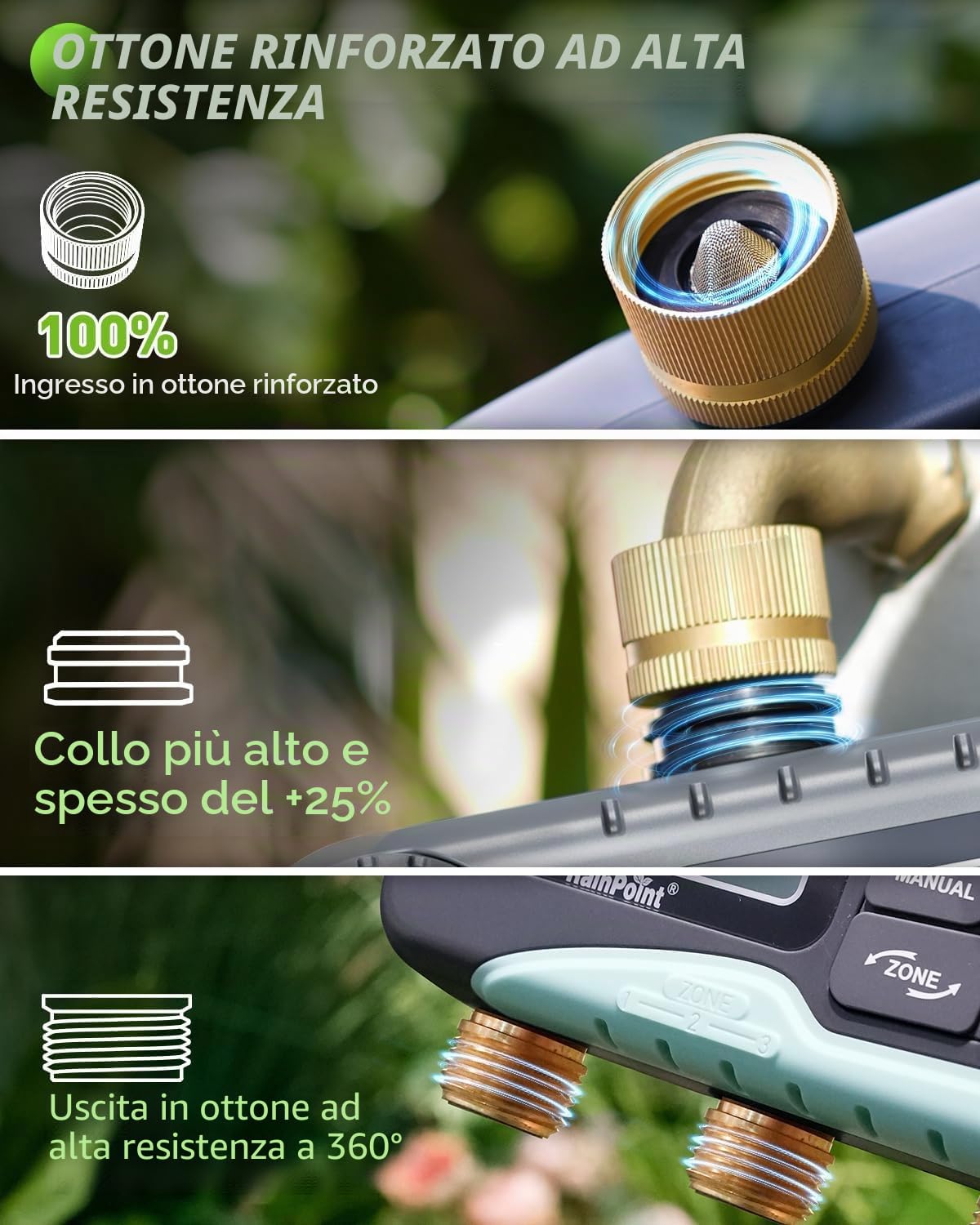 RAINPOINT Centralina Irrigazione 3 Uscite Con Ampio Display Lcd, ingresso e uscita in ottone, Timer Irrigazione Automatico Con Modalità Di Ritardo Pioggia/Manuale/Automatica per Prato Da Giardino
