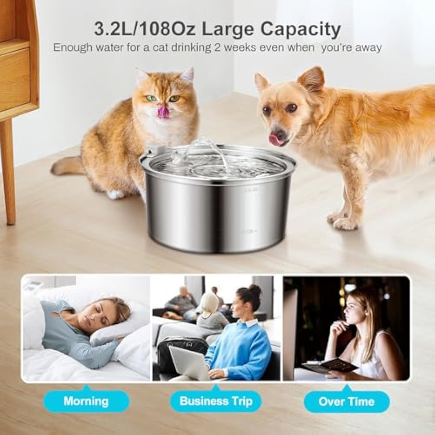 Cat Water Fountain, 3.2L/108oz Purrify Stainless Steel Water Fountain with Silent Pump 4-Stage Filtration, Automatic Water Dispenser for Dogs and Cats (with 2 Filter Element, 3.2L)