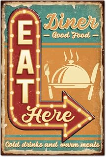 GLOBLELAND Dinner Eat Here Metal Tin Sign 8x12inch Vintage Good Food Art Plaque Poster Wall Decor for Home Kitchen Living Room Bedroom Kitchen Cafe Bar