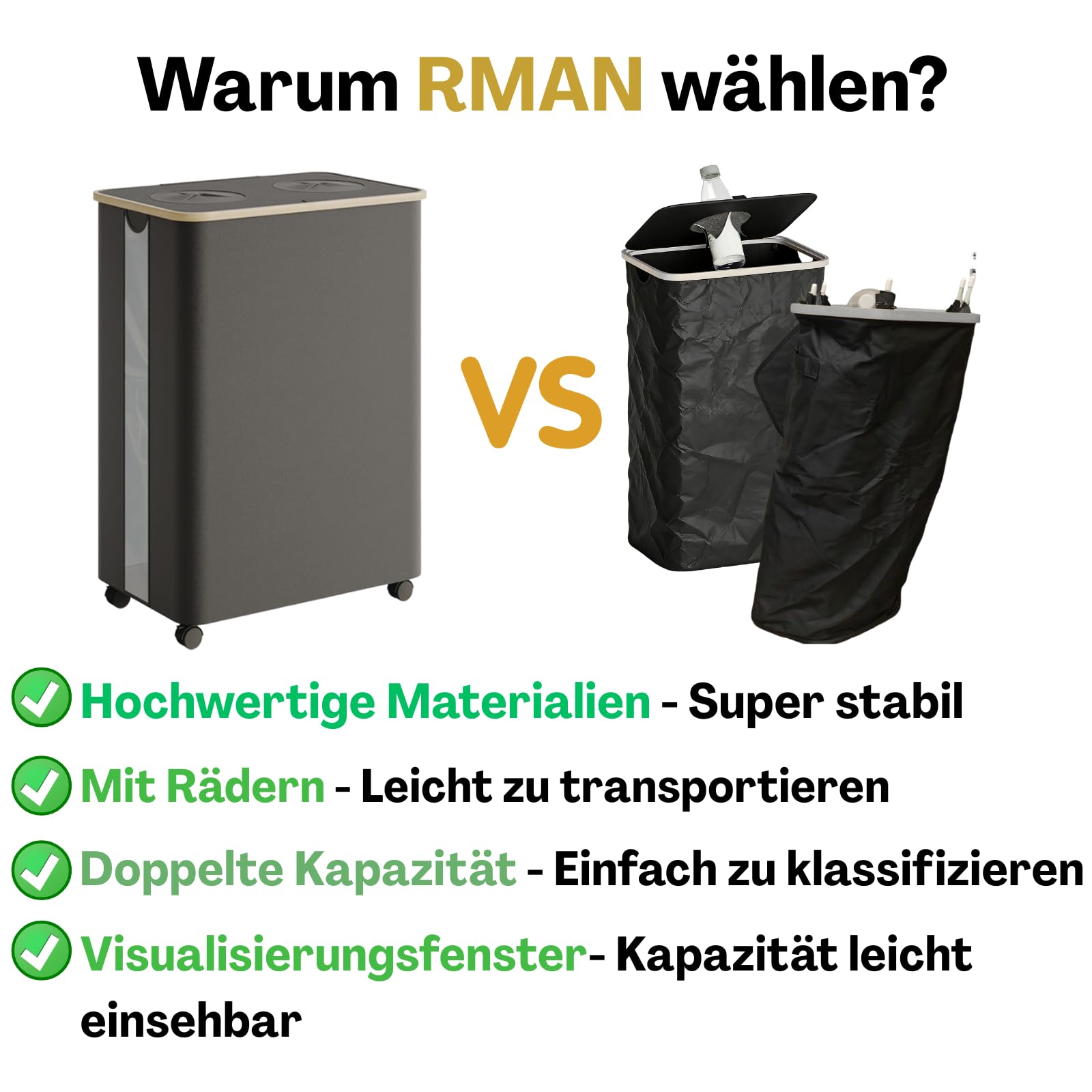 RMAN Cubo de Basura 160 L Reciclaje con Ruedas Grande, Negro | Con Tapa, 2 Compartimentos, Para Recoger Botellas Vacías, 18cm de Diámetro para Cocina, Comedor, Oficina
