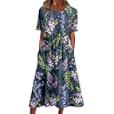 fartey Tshirt Dress for Women 2026 Casual Plus Size Summer Midi Dress Boho Floral Print Loose Flowy Long Dresses with Pockets