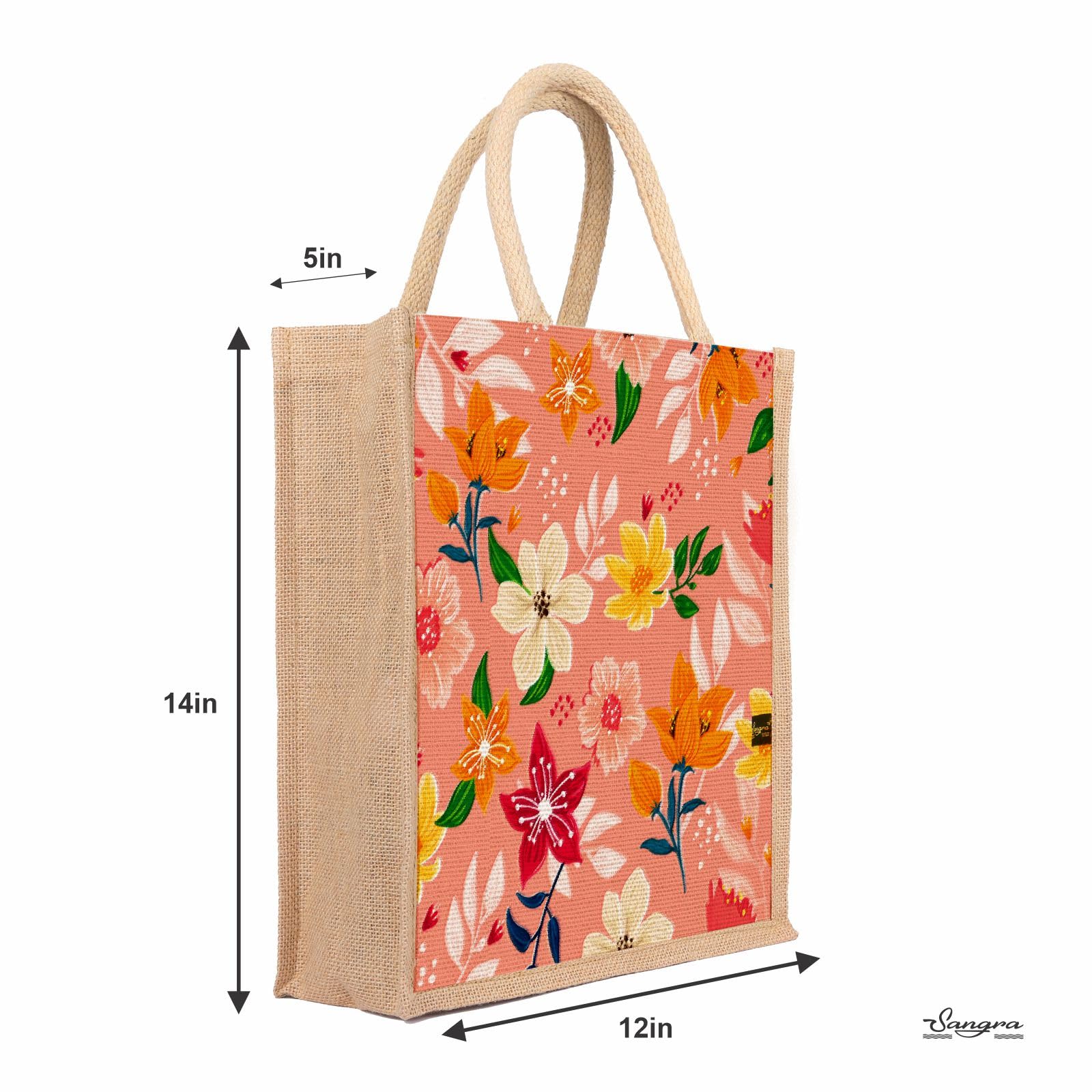 Sangra Multicolor Jute bag for Women and Men Lunch Bag with Zip and Handle (Flower Pink) 1