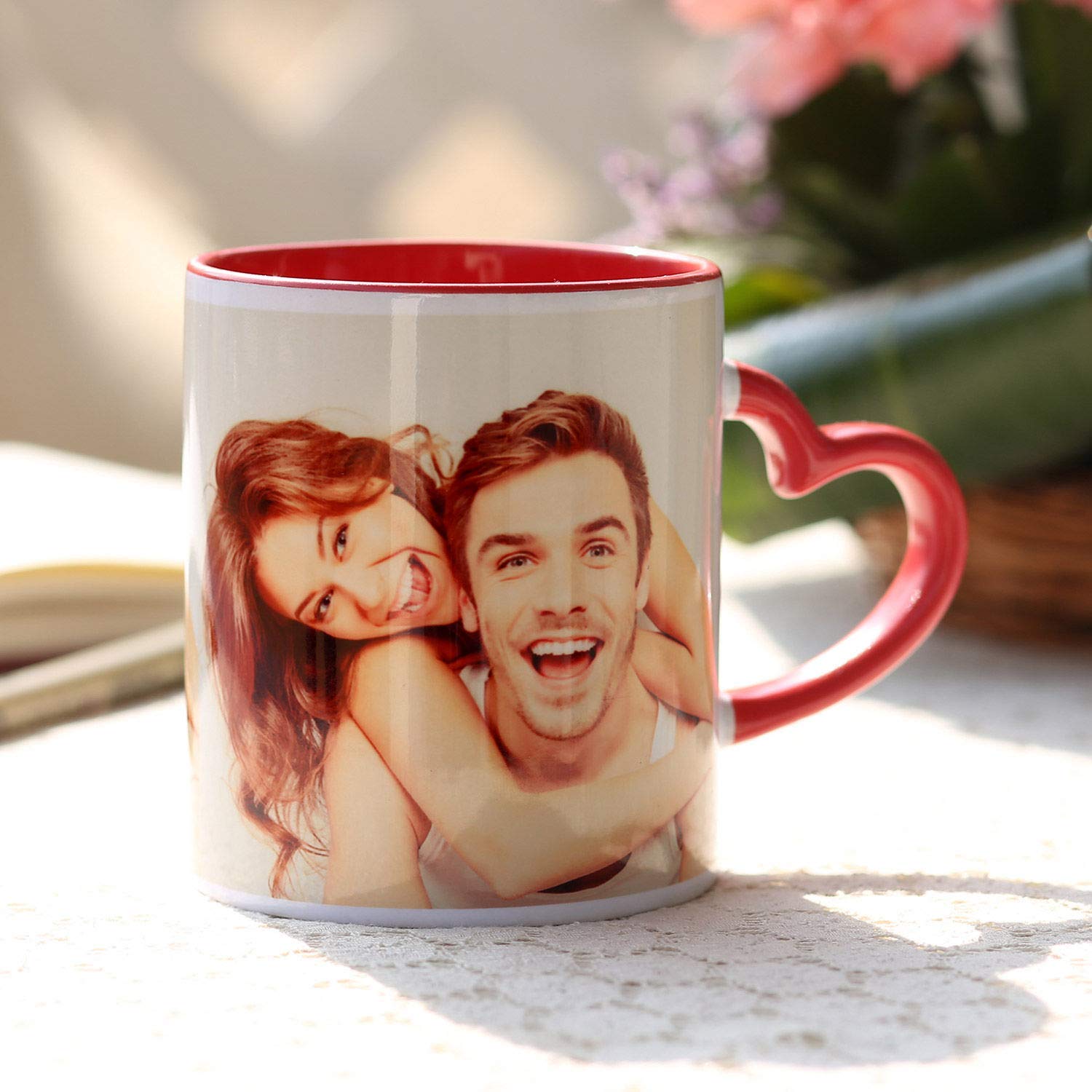 Gausinga Enterprises Ceramic Personalized/Customized Heart Shape Handle Coffee Mug, 325 ml, Red White
