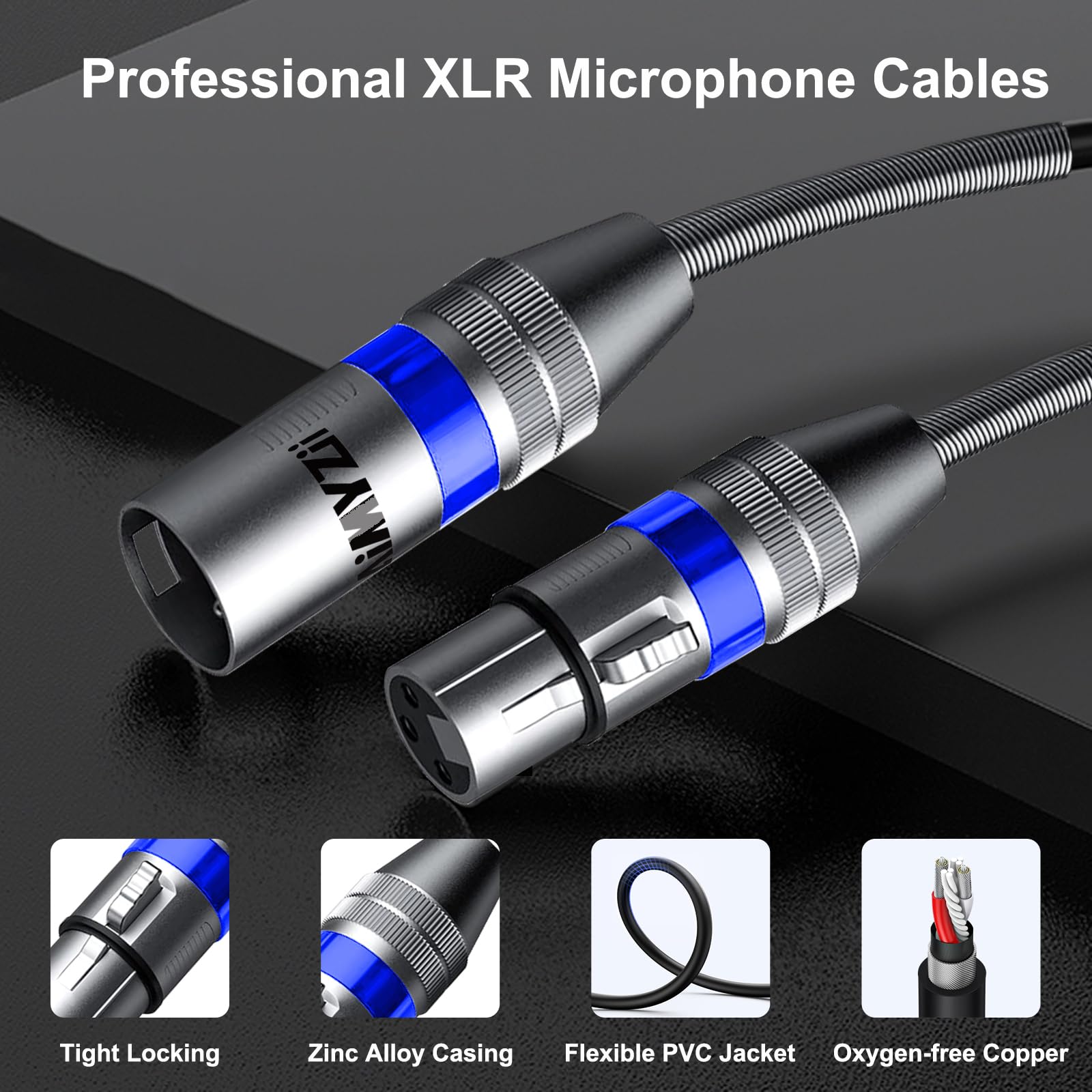 Cavo XLR per microfono, cavo bilanciato di alta qualità, con conduttori in rame puro, resistente da maschio a femmina a 3 pin, connettori in lega di zinco con molla in metallo, blu