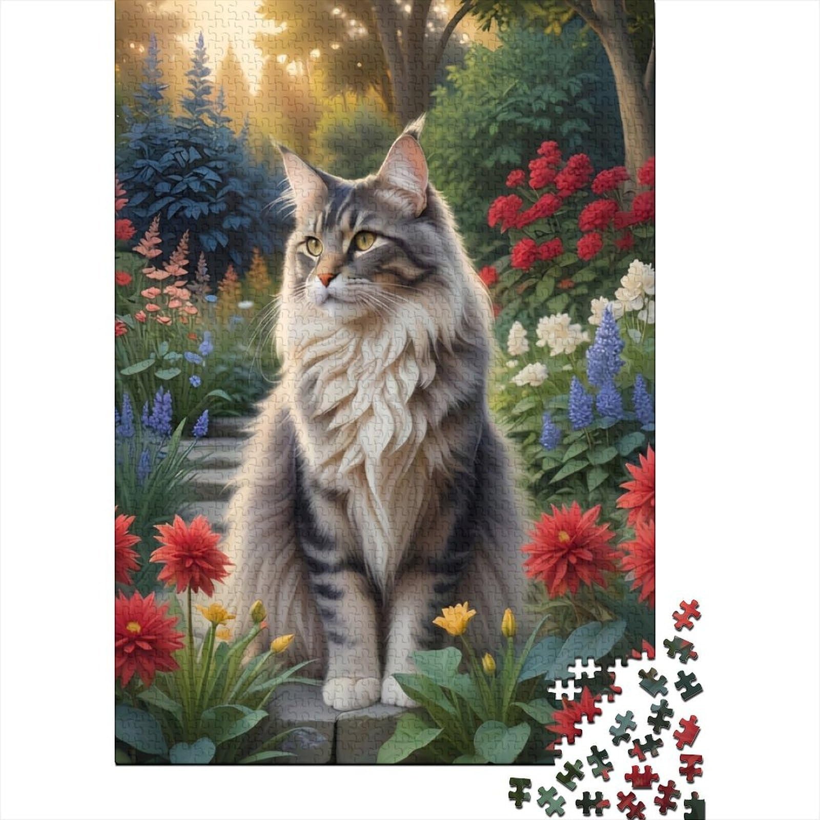 Fluffy Cat Garden Scene 1000 Pieces Jigsaw & Jigsaw Puzzle Eco-Friendly Material High Difficulty Relaxing Garden Cat for Men Age 14+ 70x50cm/1000pcs